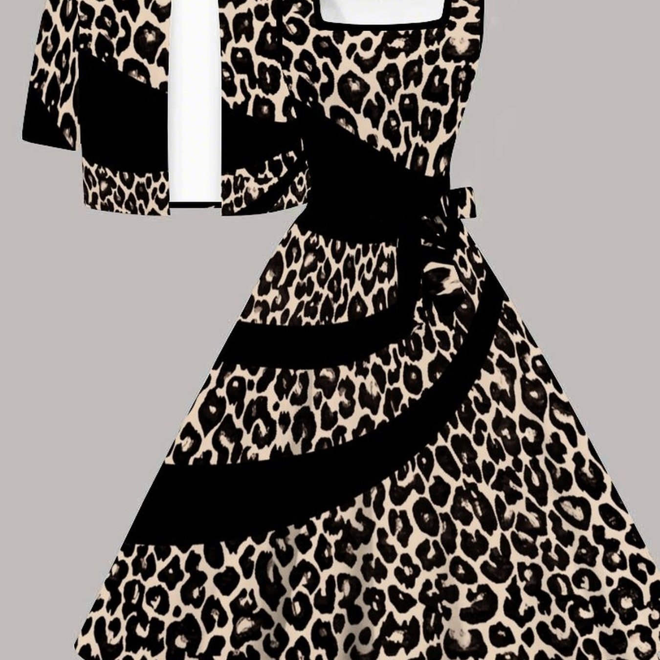 Image of Plus Size - Women's Suit, Plus Size Dress Set, Leopard Print Design, Casual Party, Comfortable Material, Fashionable Short Sleeve Jacket, Vest Dress Set