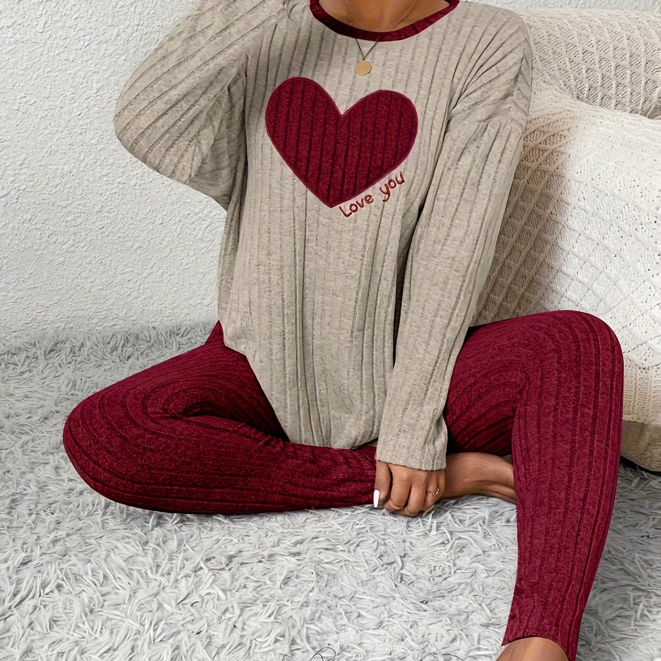 TEMU Autumn/winter New Women's Pajama Set 2pcs Ribbed Cable Heart English Embroidery Round Neck Color-block Long Sleeve Top + Slim-fit Pants