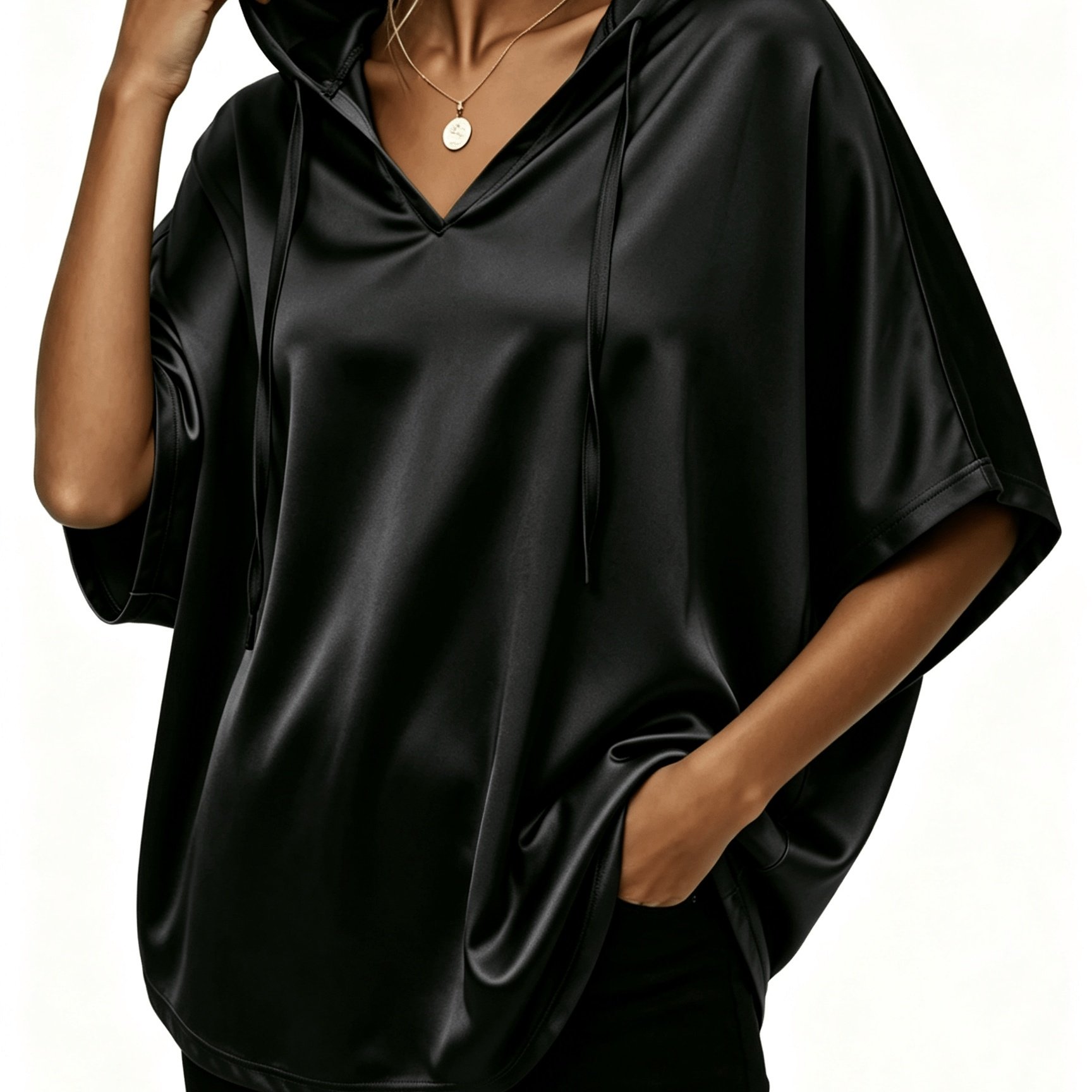 TEMU Plus Size Women's Beautiful Ladies Spring Summer Autumn Winter, Satin Hooded V-neck Sweatshirt, Suitable For Home Casual, , Women's Short Sleeve