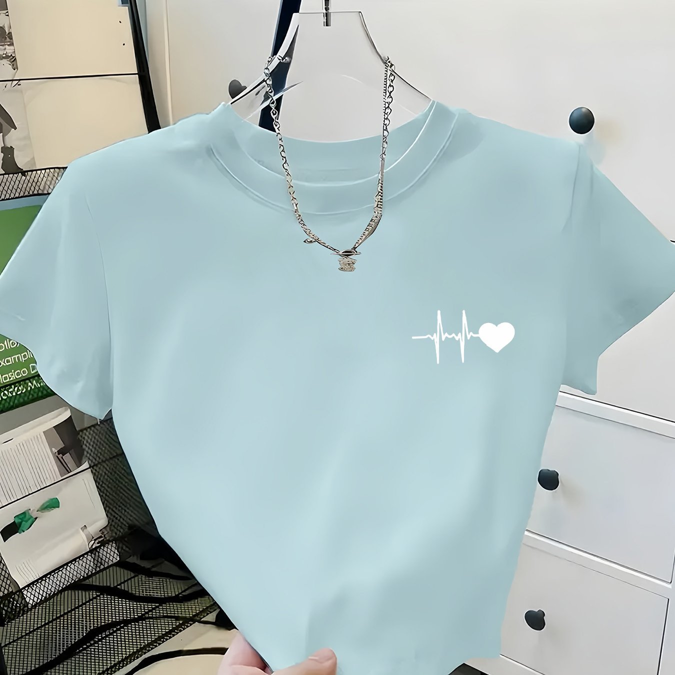 TEMU Ultra- Chest Ecg Print Women's Casual Fashion Round Neck Short Sleeve T-shirt, Stylish Swear For S