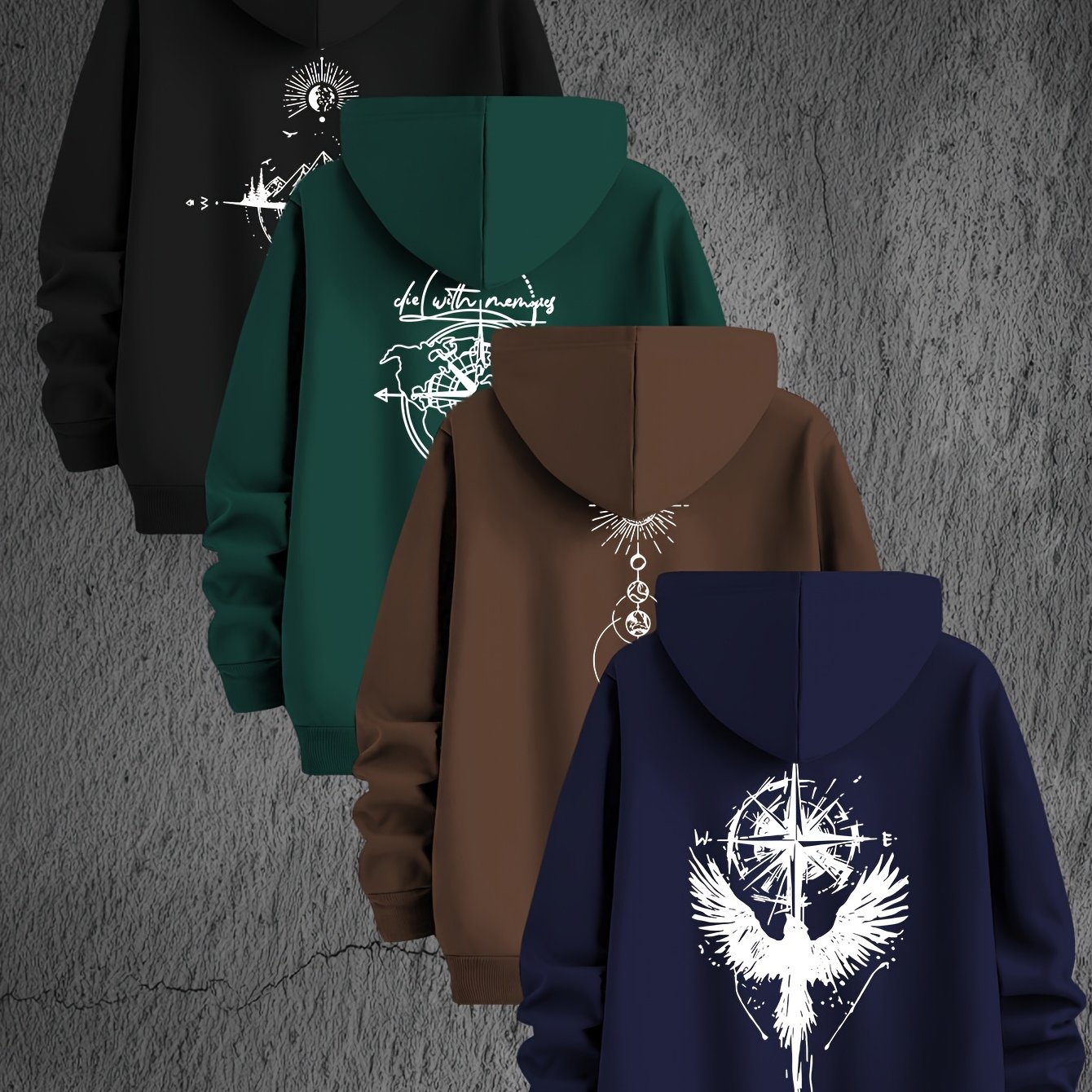 TEMU Men's Hoodie Four-piece Set, Polyester Knit Fabric Fitted Sweatshirts