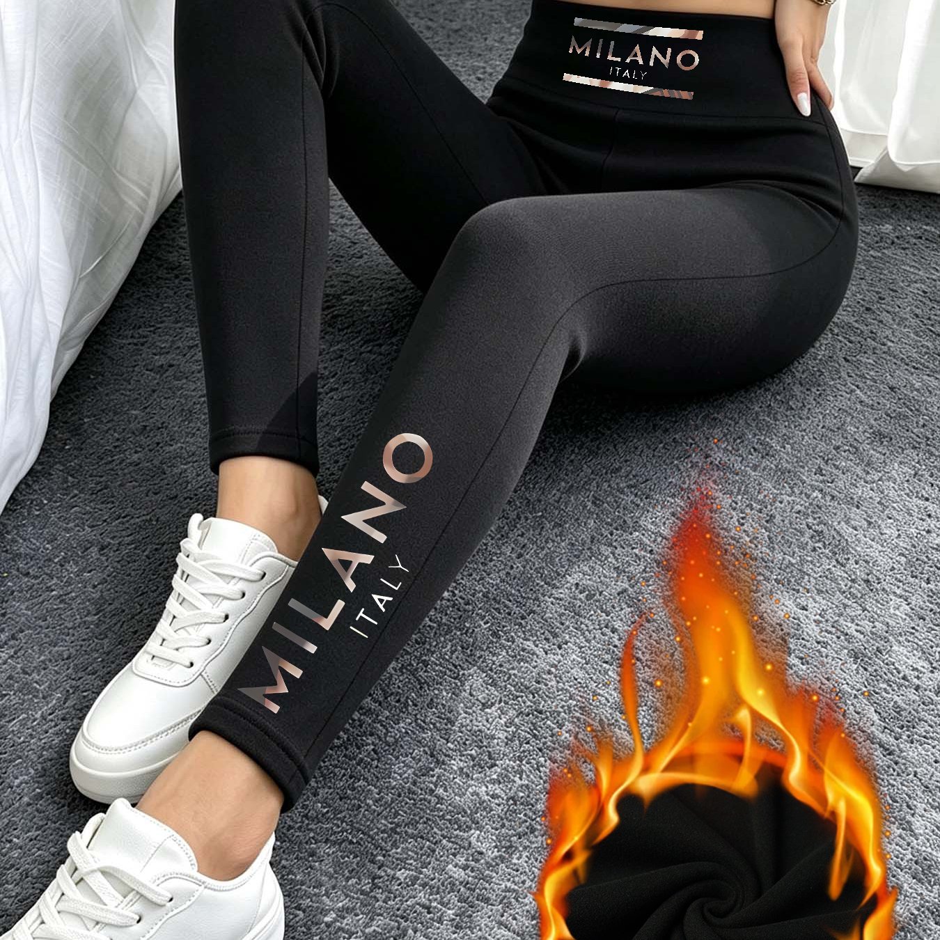 TEMU Leggings Femme Taille Haute Doublés , Ceinture avec Motif Carré ITALY et Impression Lettre ITALY, Style Italien Léger de Luxe, Portables , en