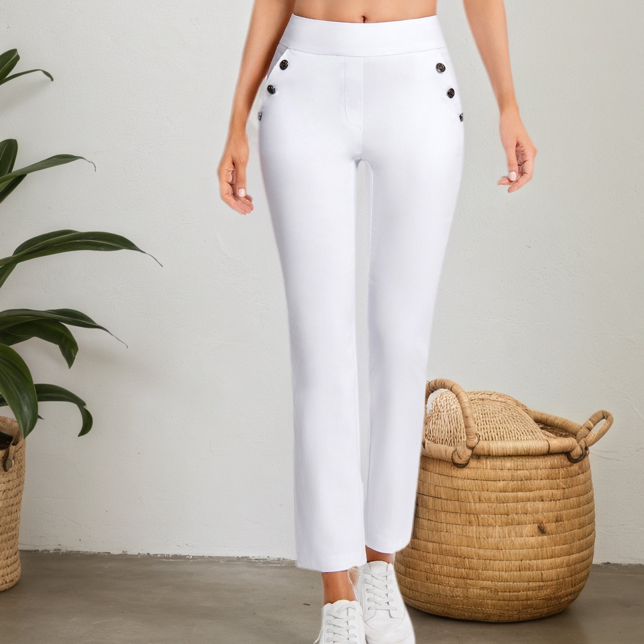 TEMU Slim Dress With High Waisted Sailor Buttons For Women - Stretchy Straight-leg Work Pants Featuring Decorative Buttons And Practical Pockets,