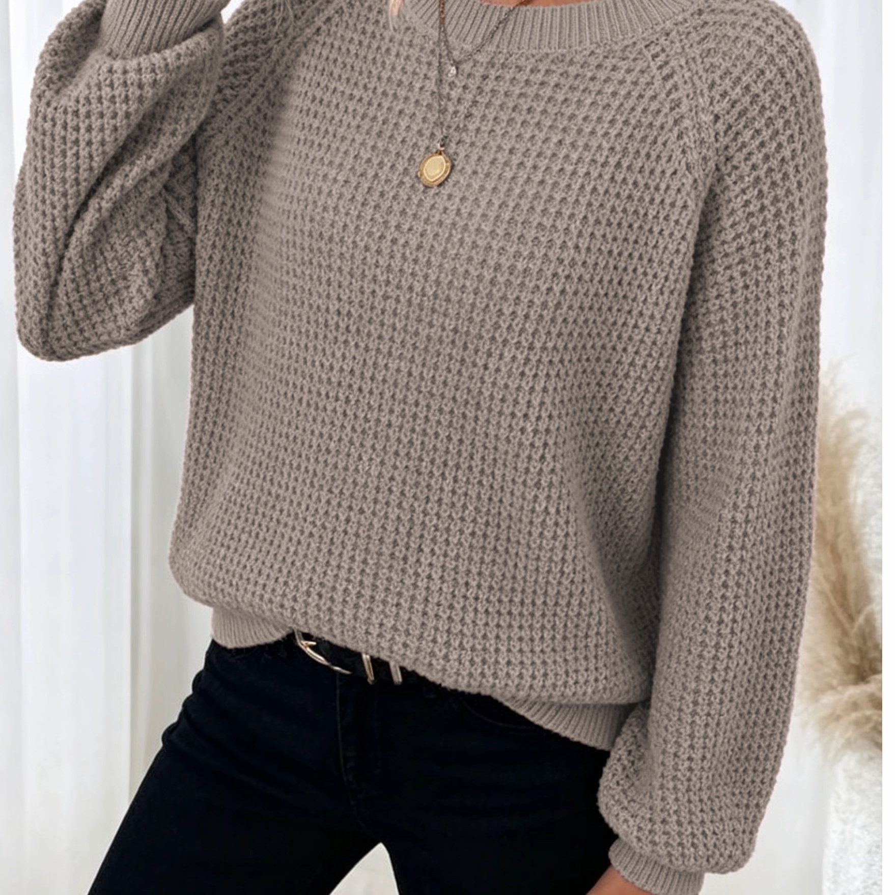 TEMU Sanfter einfarbiger Waffelmuster-Damen-Pullover mit lockerer Passform für Herbst/Winter, Freizeit-Top für das tägliche Pendeln