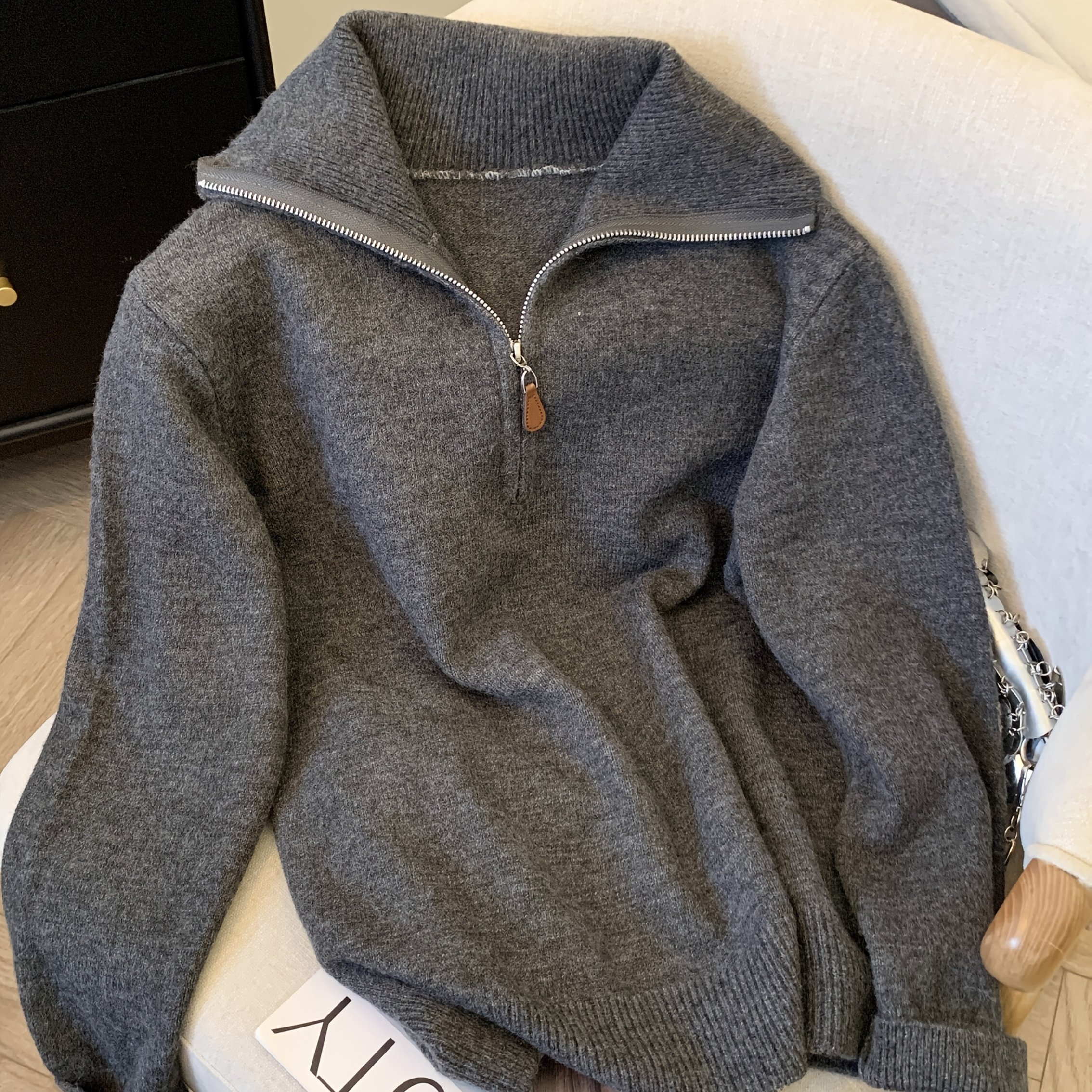 TEMU Directional 2025 New Autumn/winter Old Money Style Classic Stand Collar Solid Color Half-cardigan Sweater, 25 Autumn/winter Warm Classic