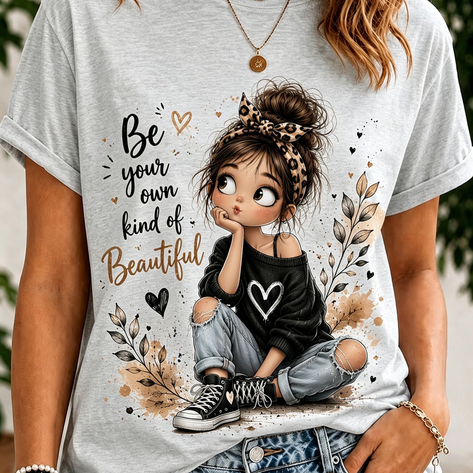 TEMU Men's & Women's Short Sleeve T-shirt Crew Neck Cute Cartoon Girl Leopard Print Headband Inspirational Letter Casual Tee 180g 100% Cotton