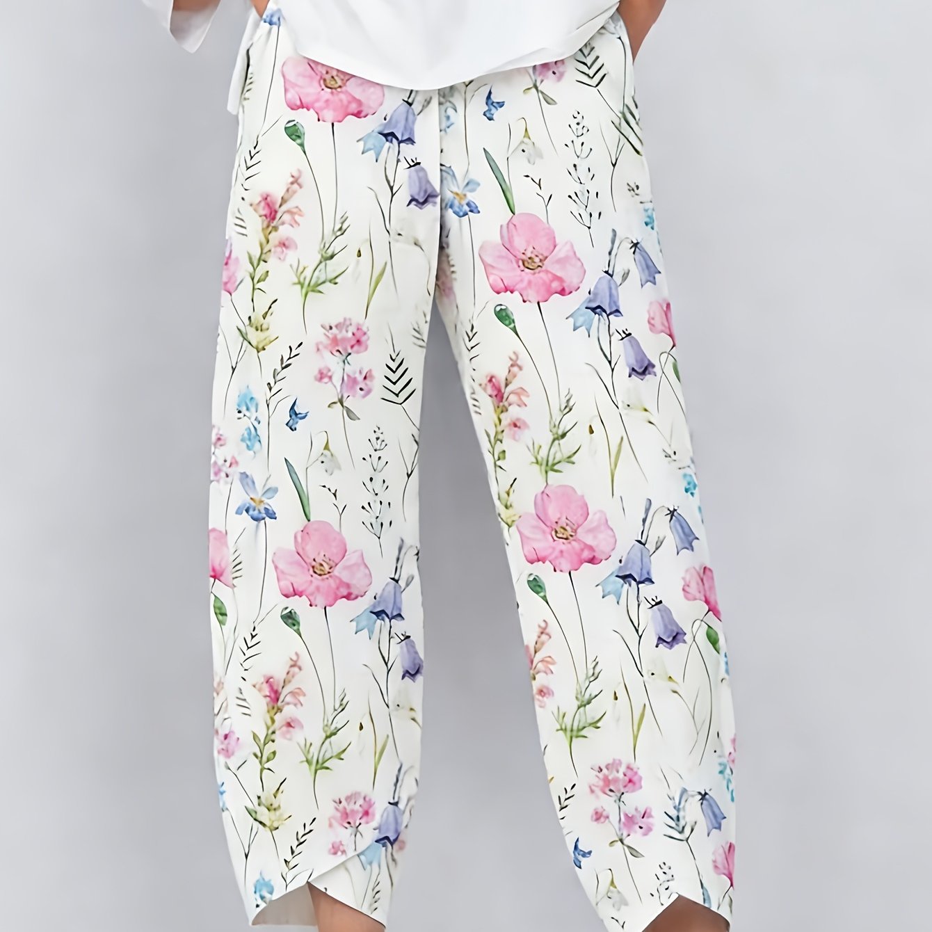 Image of Women's Casual Floral Print Pants - Elastic Waist, Loose Fit With Pockets, Machine Washable