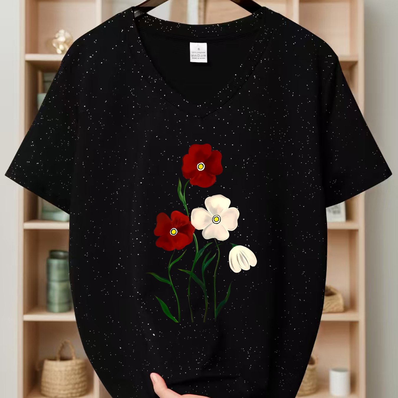 TEMU Vêtements d'été pour femmes, T-shirt à col en V à sequins et paillettes à motif tendance, T-shirt décontracté à manches courtes