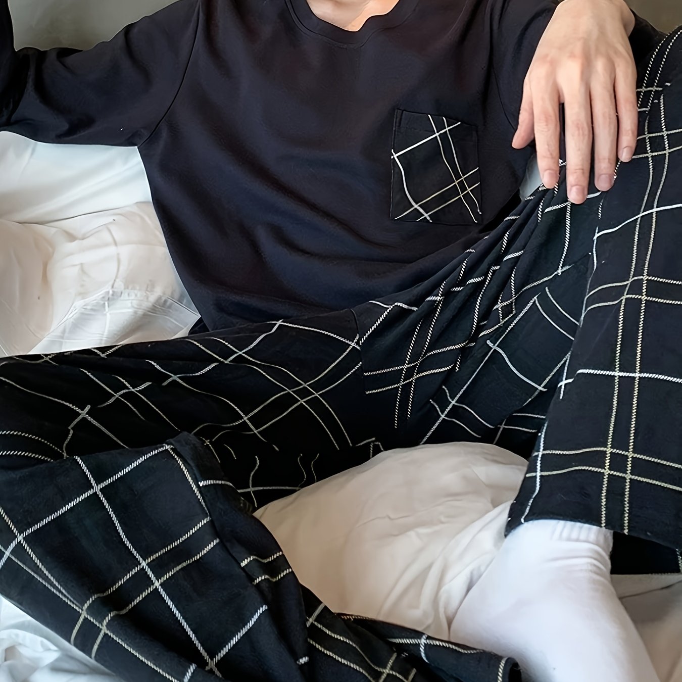 TEMU 【メンズ】 ブラック 長袖シャツ ポケット付き チェック柄 ロングパンツ パジャマ ラウンジウェア セット 外出着 ホームウェア