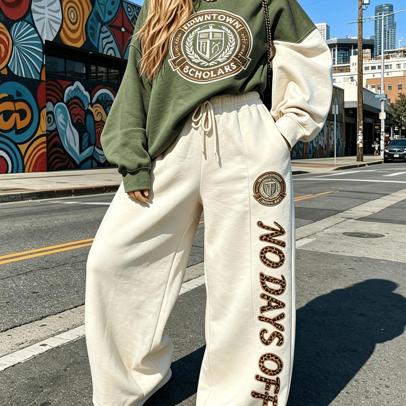 TEMU Plus Size - 2026 Nieuwe Plus Size Dames Bedrukte Sweatshirt en Joggingbroek Tweedelige Set: Ronde Hals Losse Drop-Shoulder Lange Mouw Top en