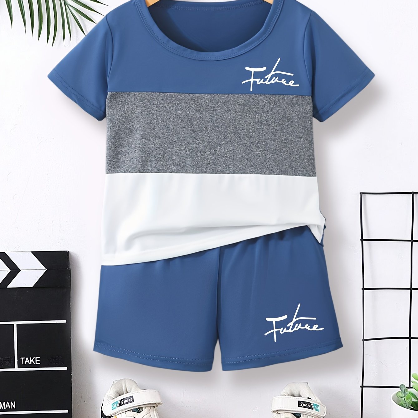 Image of Summer Boys' Fashion Shorts Set With "future" Letter Print, Cute Short Sleeve T-shirt And Shorts Casual Outfit, Perfect For Outdoor