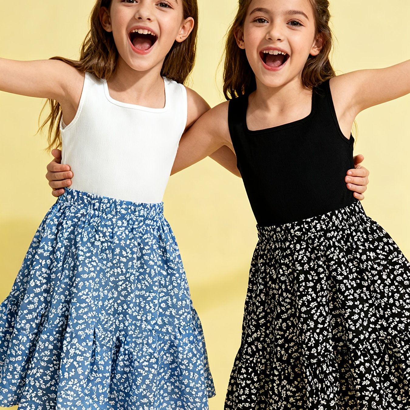 2pcs Set, Midi Black Floral Vest Spliced A-line Vacation Casual Dress, Fashion Floral Print Jumpsuit For Teen Girls