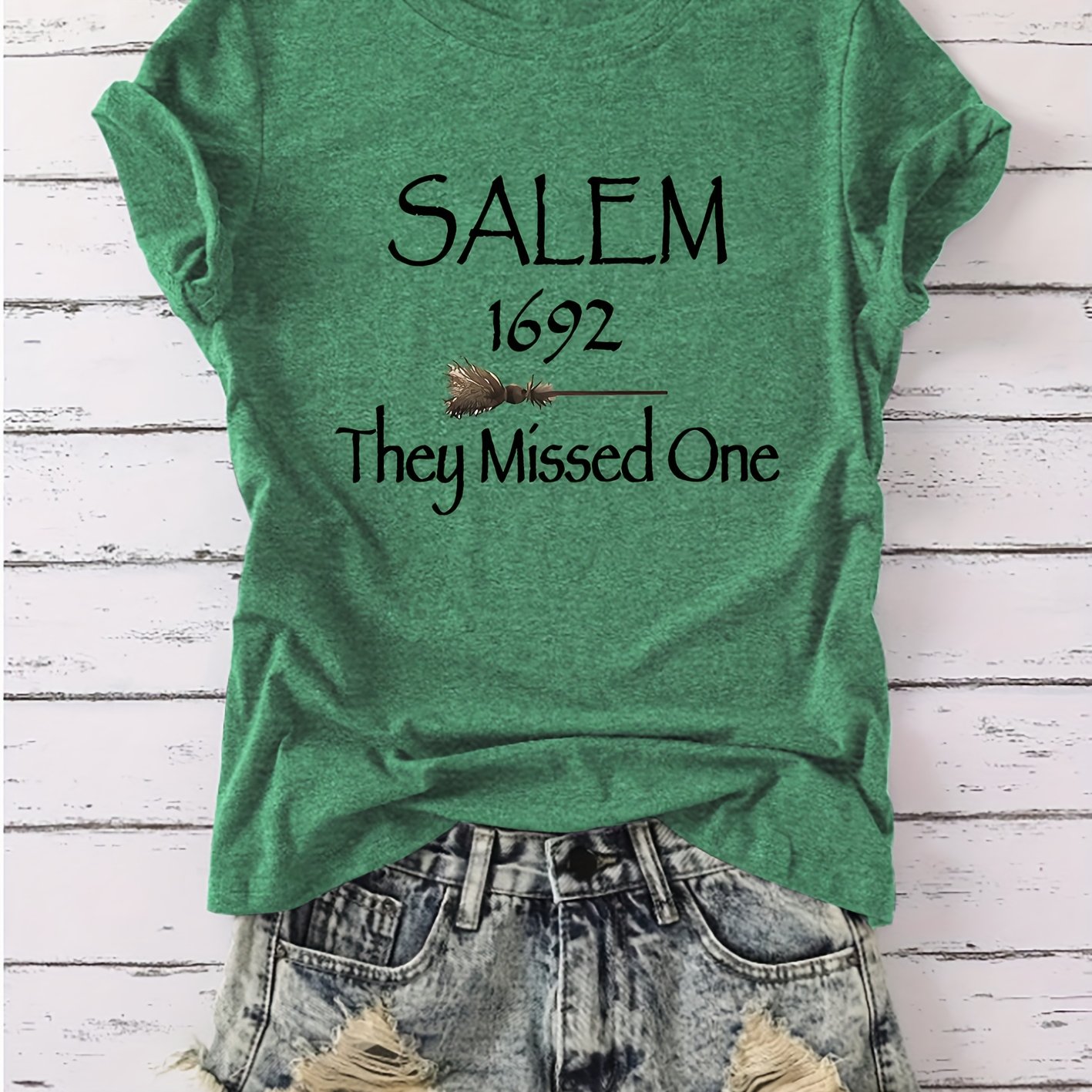 TEMU Hollow Halloween Theme "salem 1692 One" Vintage Minimalist Women's Broom Graphic Round Neck Short Sleeve T-shirt, Easy Trendy Casual Versatile