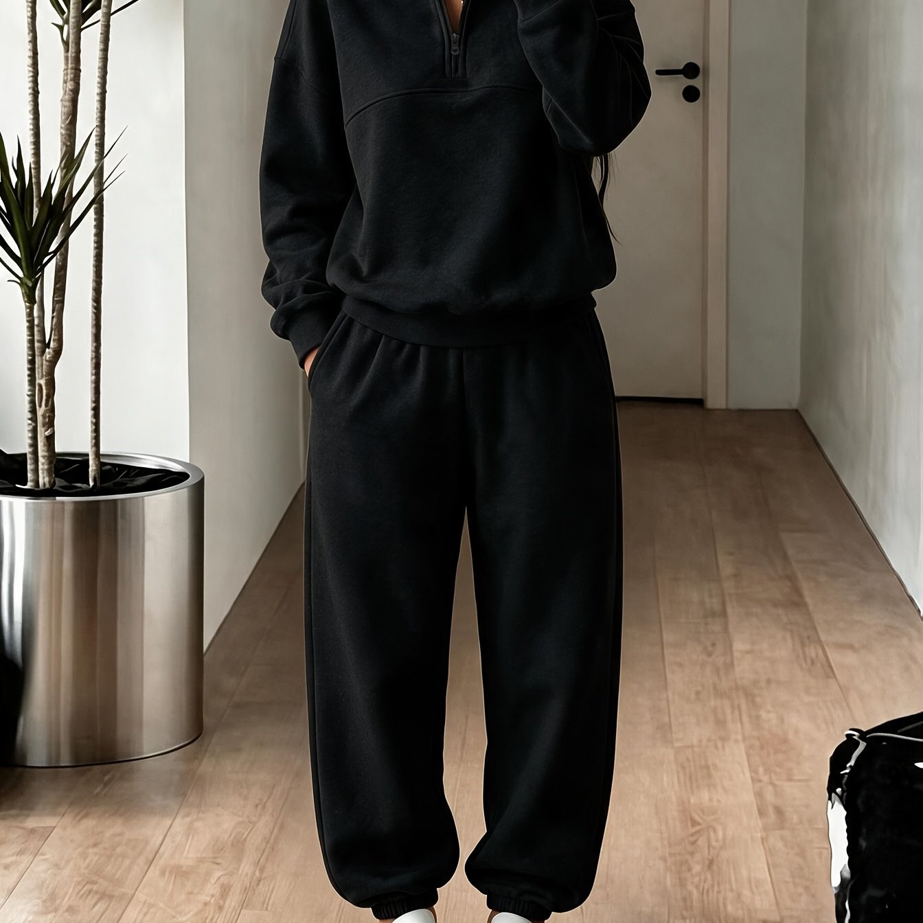 TEMU Lazy Style Women's 2pcs Set: Half-zip Stand Collar Long-sleeve Top With Elastic Long Pants, Loose Fit Casual Swear Set