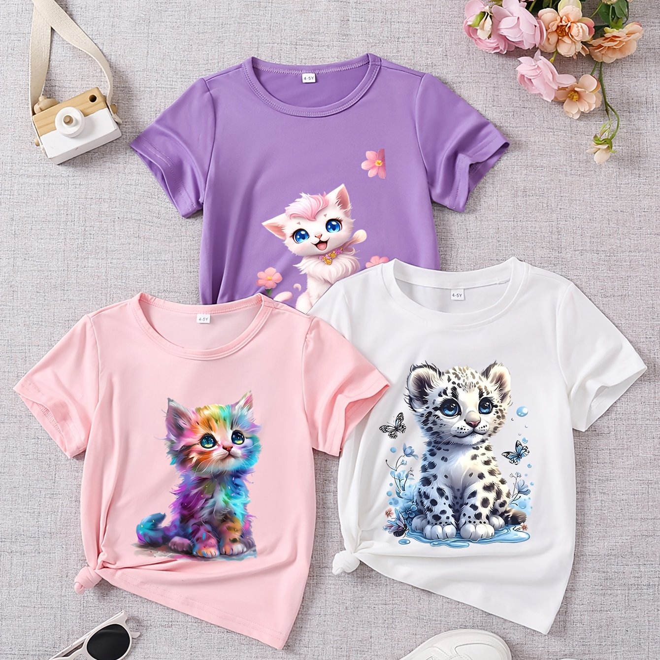 E-shop Dreiteiliges Set Mädchen Sommer Kurzarm "Katze Weißer Tiger" Print T-Shirts
