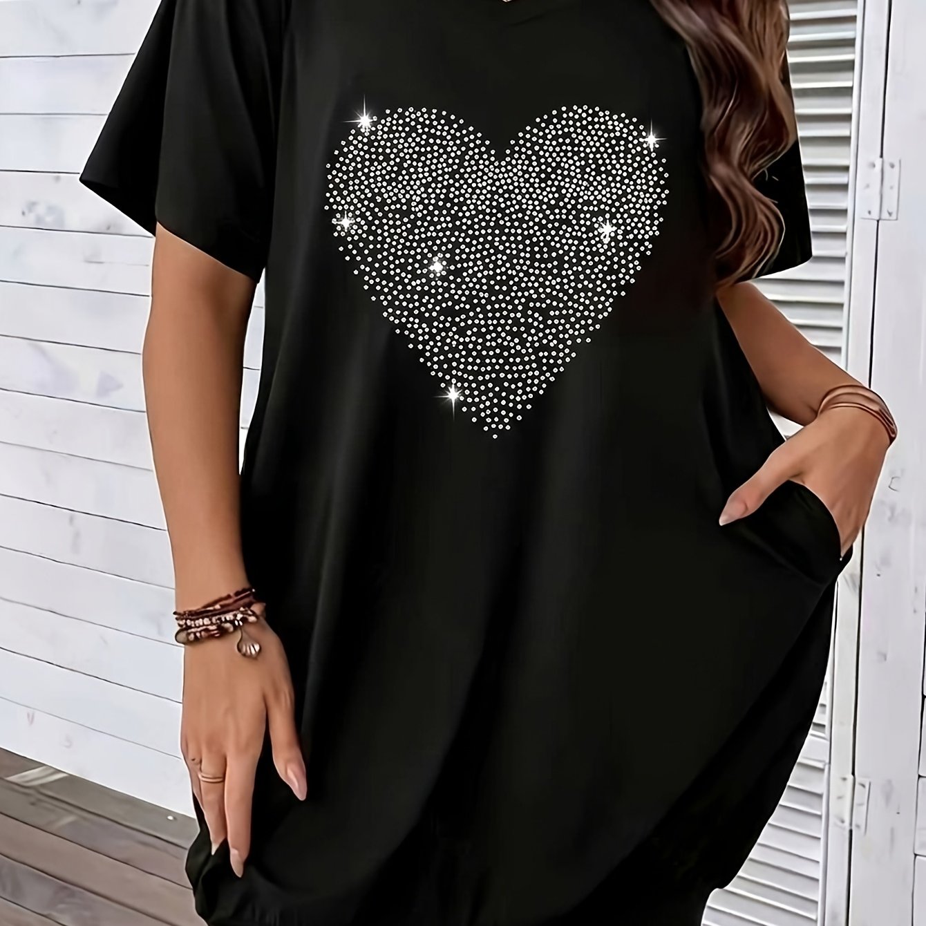 TEMU Plus Size Women's Fashion Geometric Pattern V-neck Top