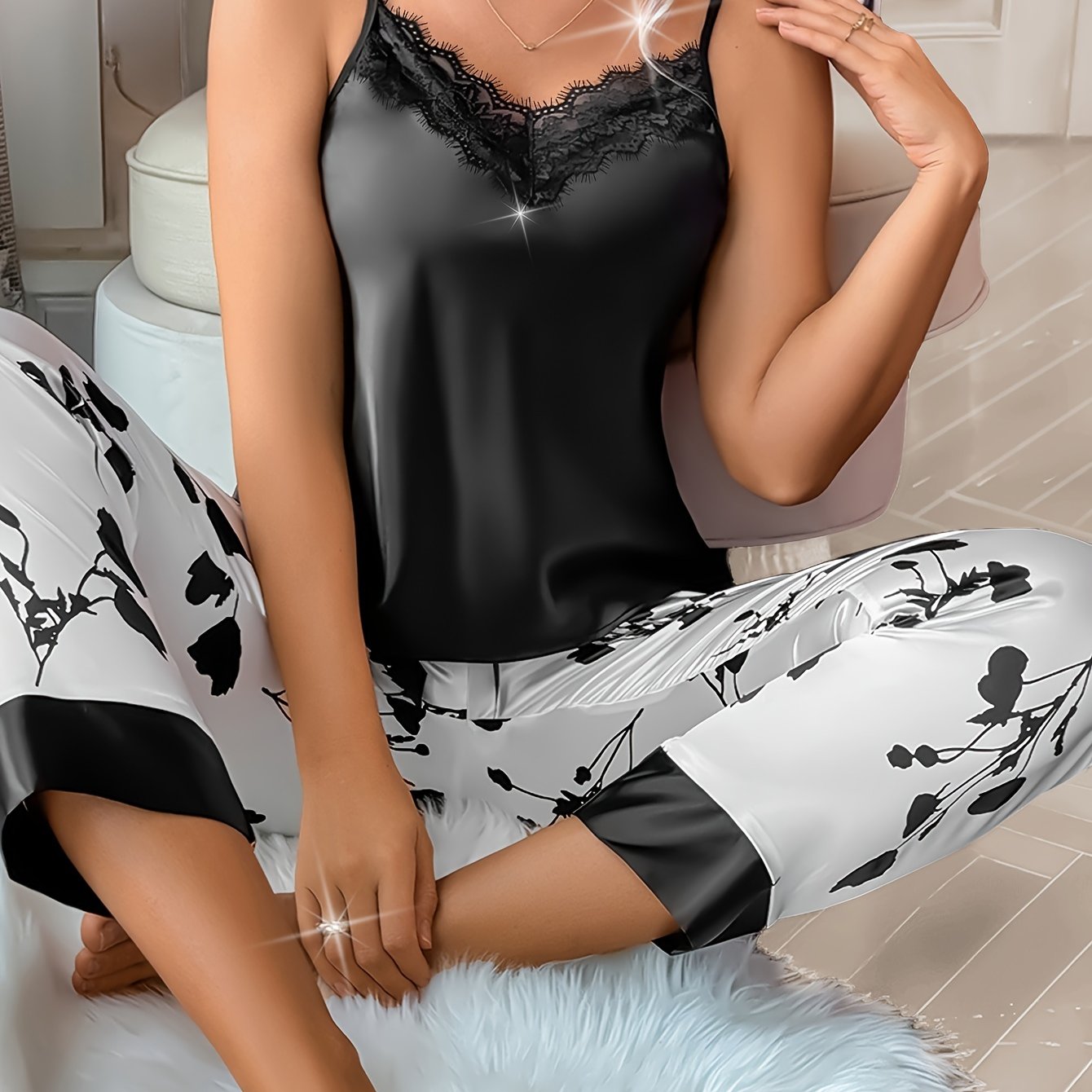 Image of Color Block Floral Print Pajama Set, V Neck Lace Trim Top & Bow Pants, Women's Sleepwear & Loungewear