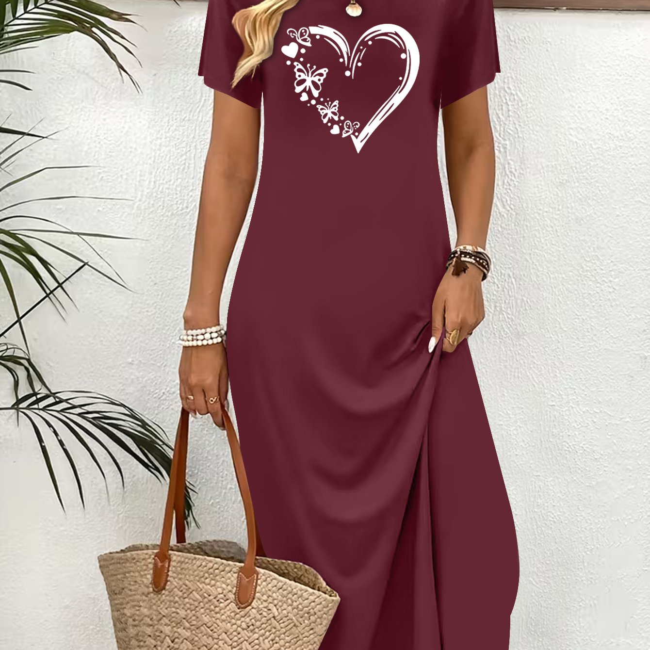 TEMU Summer Women's Fashion Dresses, Heart And Print Round Neck Short Sleeve Leisure Dresses, Seaside Vacation Dresses, Elegant Style Long Dresses,