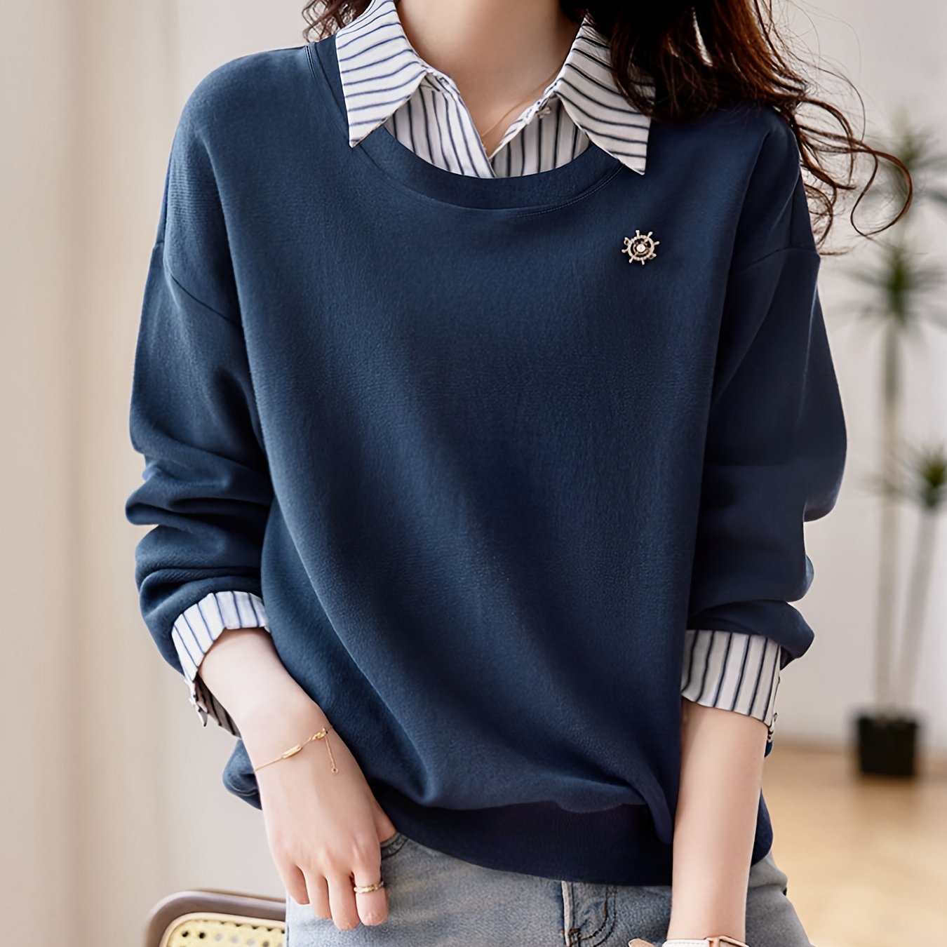 TEMU T-shirt polo à manches longues pour femme, automne-hiver, décontracté, confortable et tendance, avec col rayé et