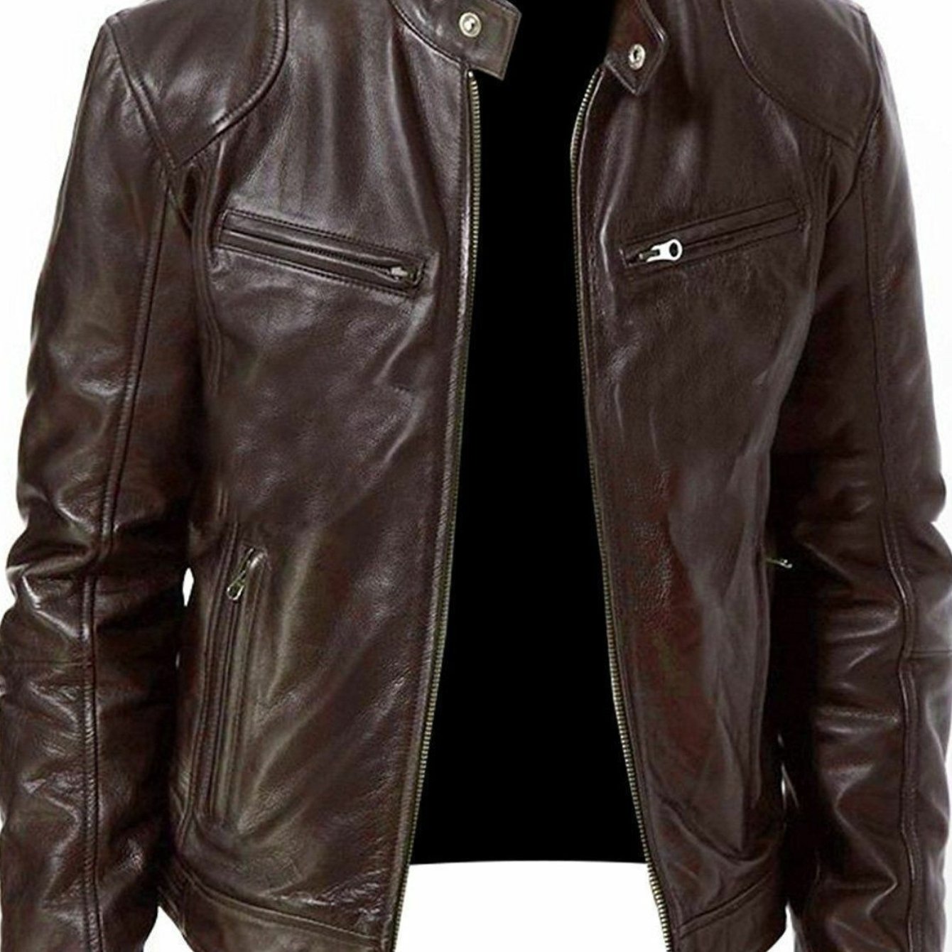 TEMU Vintage Men's Stand Collar Pu Leather Jacket, Zip Up Front Design Coat With Multi Zipper Pockets, Long Sleeve Slim Fit Outerwear, For