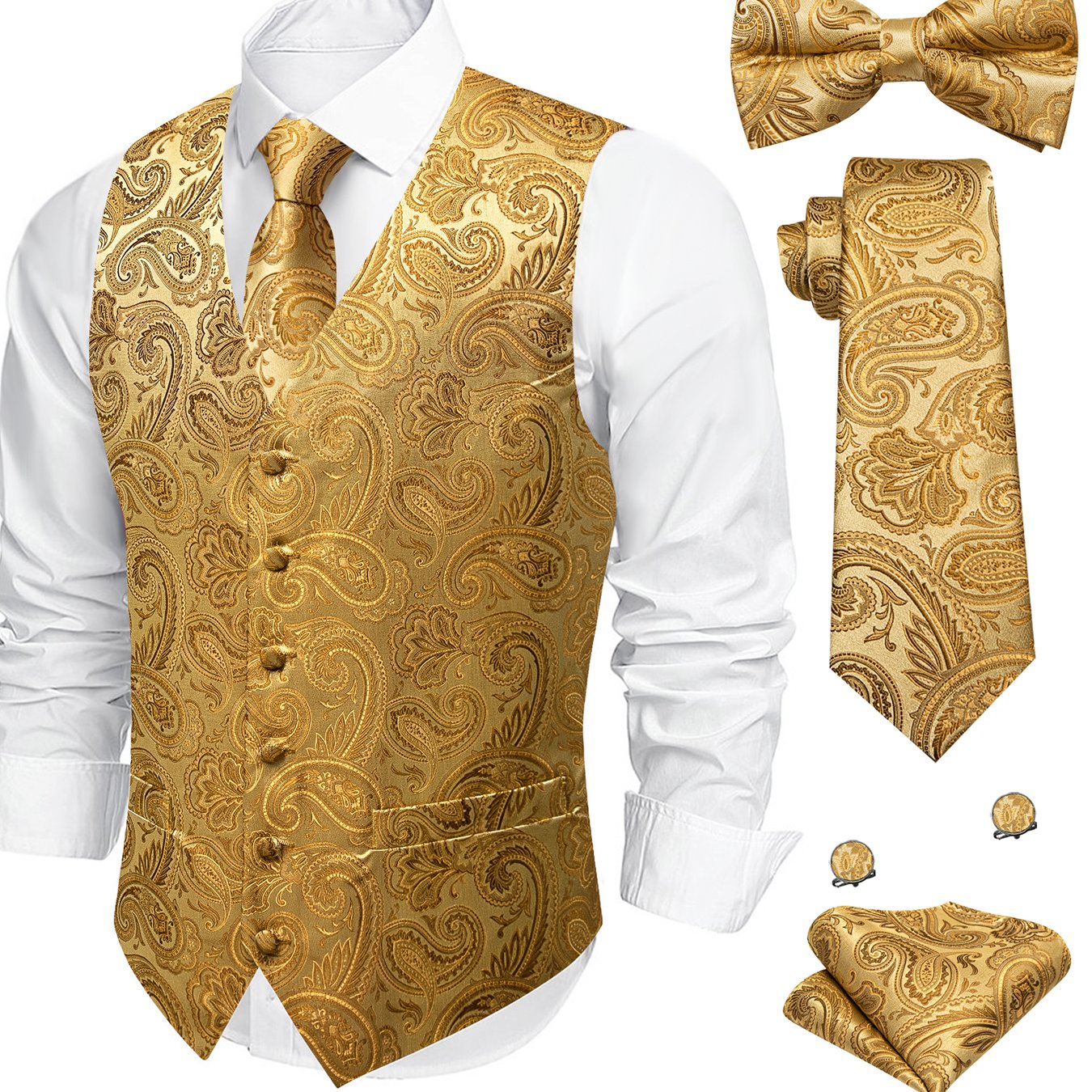 Mens Suit Vest Paisley Tie Bowtie Set Jacquard Formal Waistcoat Hanky Lapel Pin Wedding Party 4pcs, Plus Size