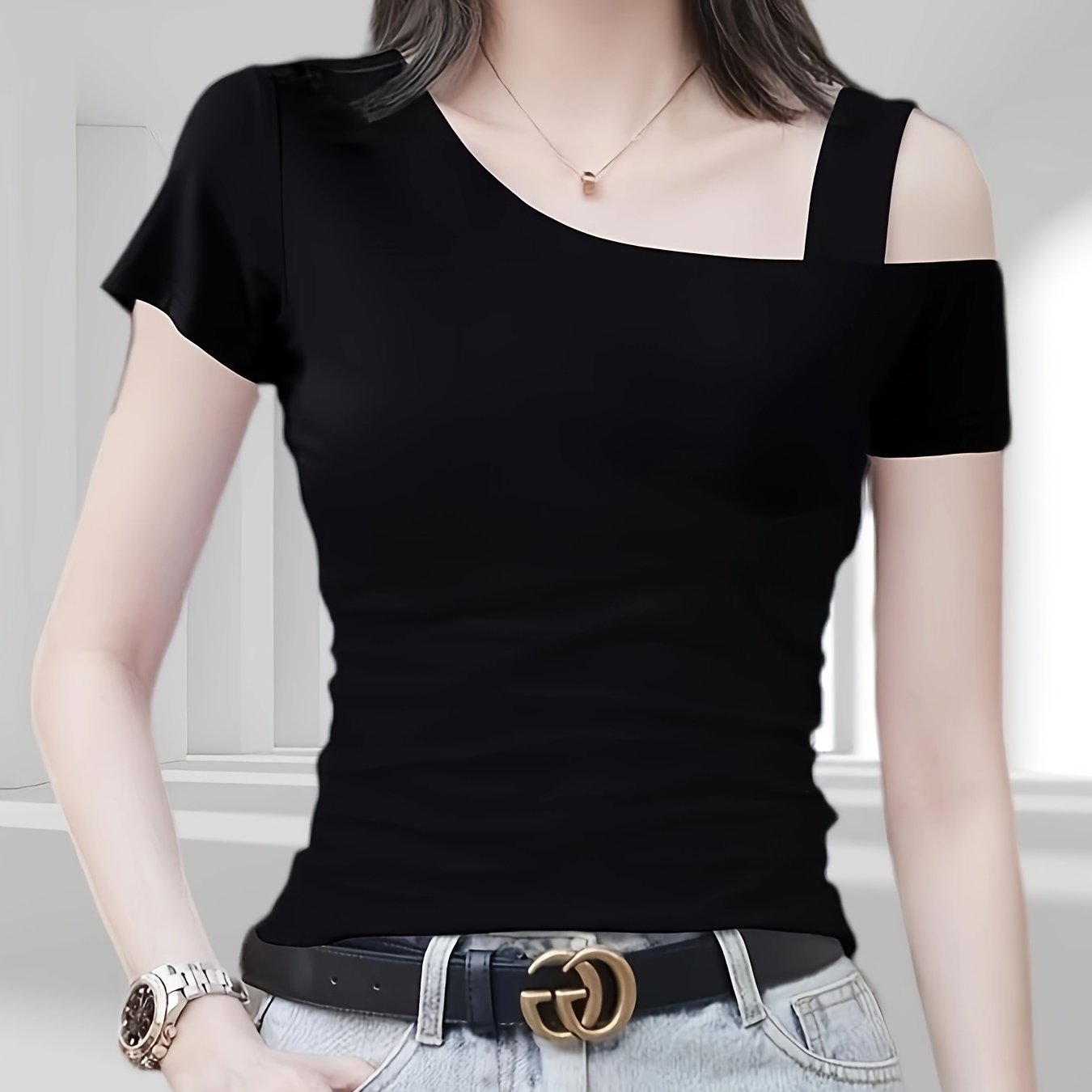 TEMU Black Short Sleeve T-shirt -shoulder Women's Niche 2026 Summer New Off-shoulder Strap Fashion Instagram Slim-fit Short Sleeve Top For Women