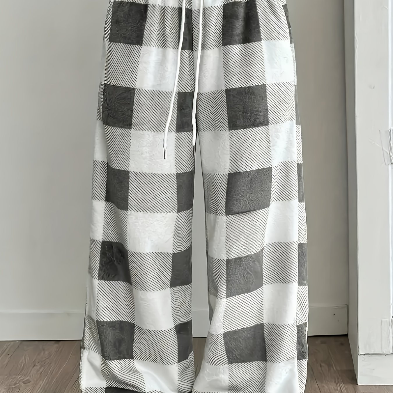 Plus Size Plush Autumn/winter Checkered Print Drawstring Loose Casual Women's Home Pants