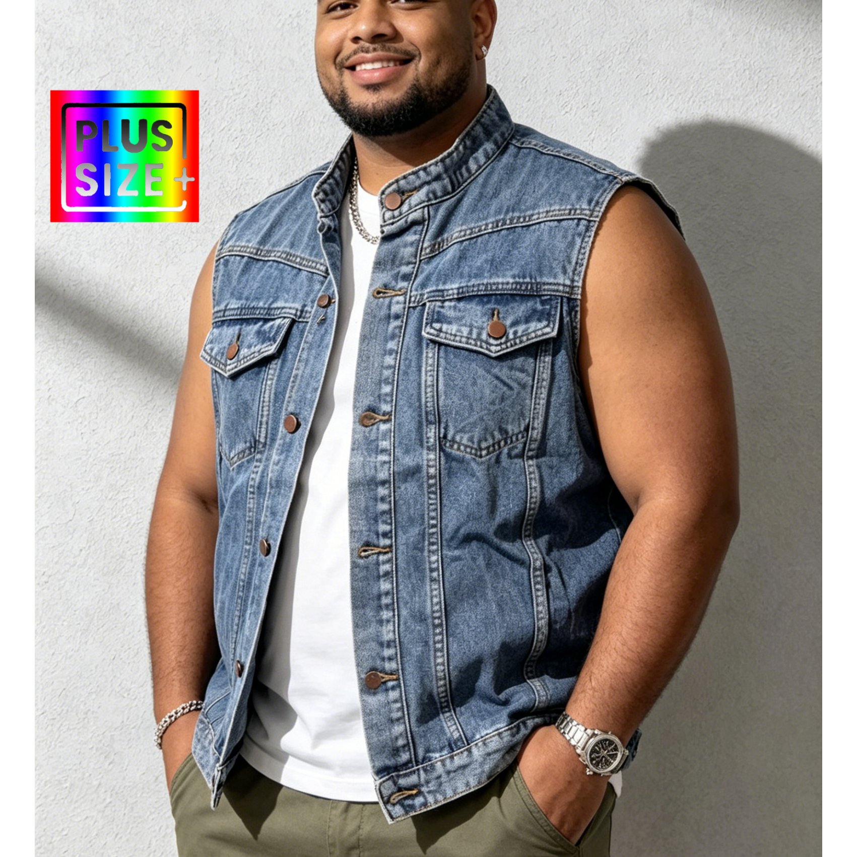 TEMU Hme-plus-size Men's Denim Vest: Collar, Washed, Sleeveless, American Workwear-style Casual Jacket-perfect For Daily Commuting, Street Style, And