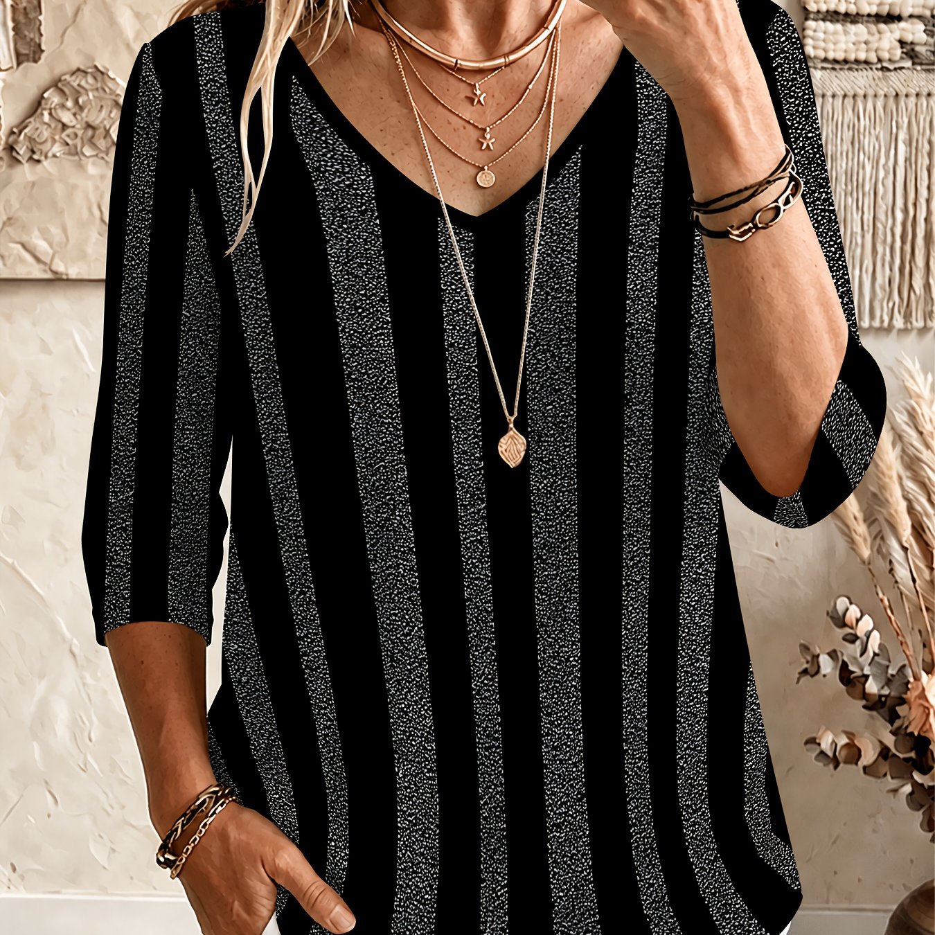 TEMU Black Background Silver Gray Thin Vertical Stripes Printed V-neck Top, Casual 3/4 Sleeve T-shirt, Easy Style