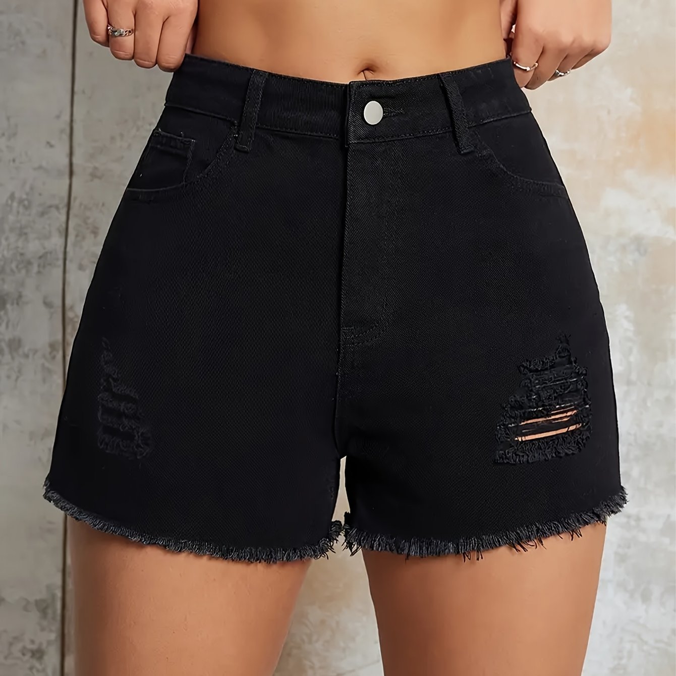 Trendy Black Ripped Denim Shorts For Women, Featuring A Slim Fit And Design Elements, Suitable For