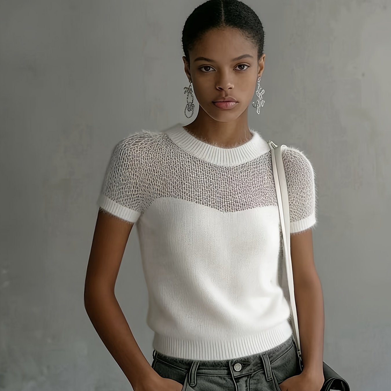 Niche Design Sense Short Sleeve Women's Mesh Sweater [niannian]