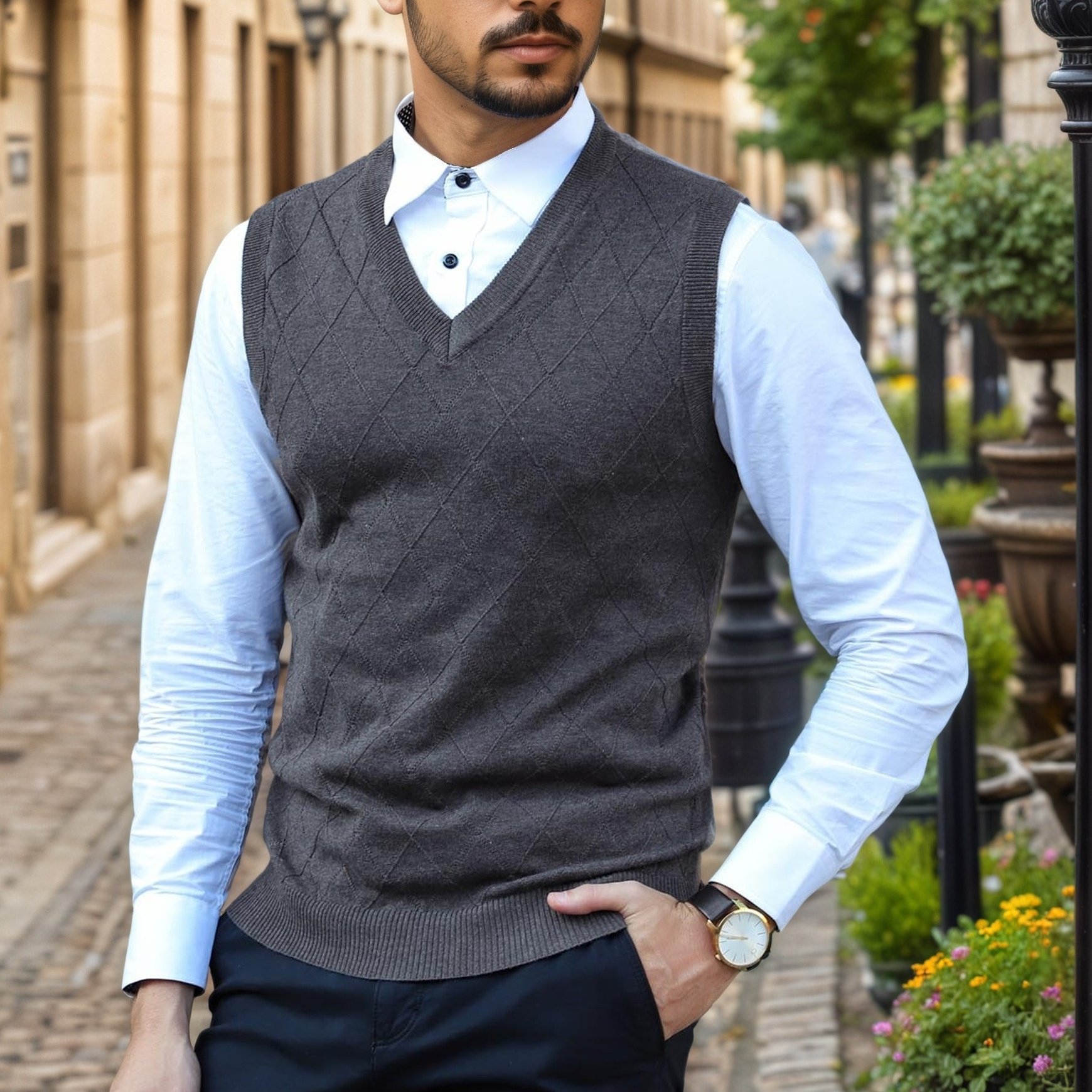 Image of Men's Casual V-neck Fashion Plaid Knitted Sweater Vest, Regular Fit, Slightly Elastic Fabric, Embroidery Details, Pullover Style, Sleeveless For Autumn And Winter