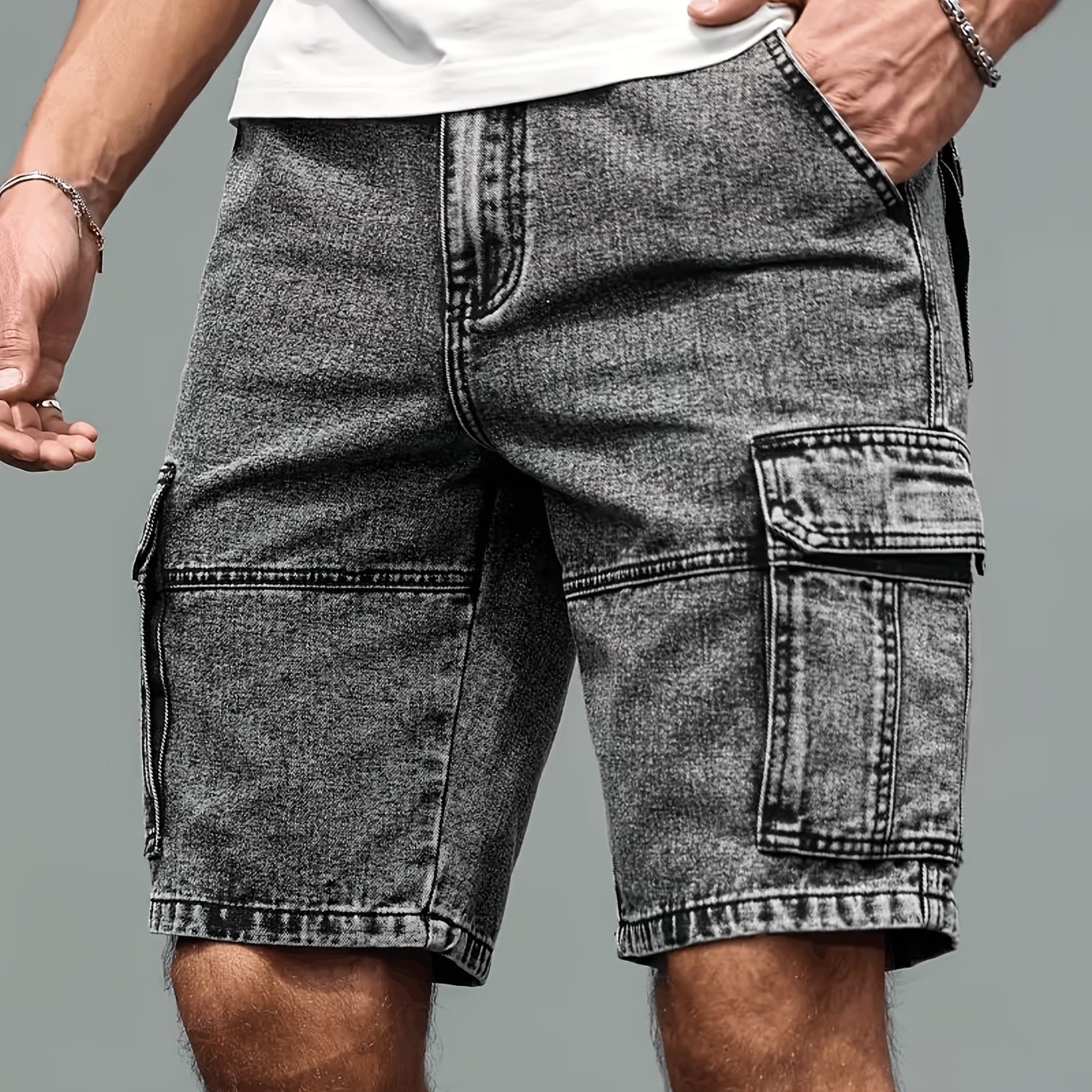 Men's Stretch Jeans - Multi-pocket Style Mid-knee Pants