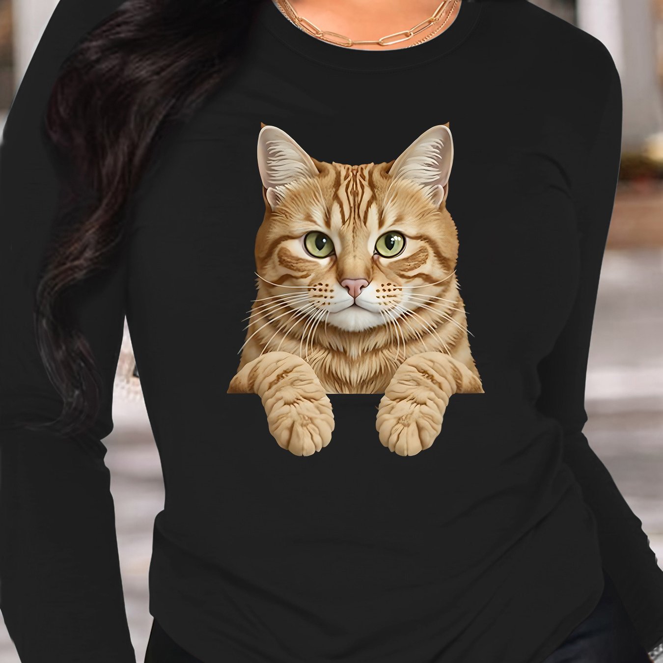 TEMU Plus Size, Women's Oversized Long Sleeved T-shirt With Stripe Cat Print- Plus Size Casual Round Neck Top, Comfortable All Year Round, Machine