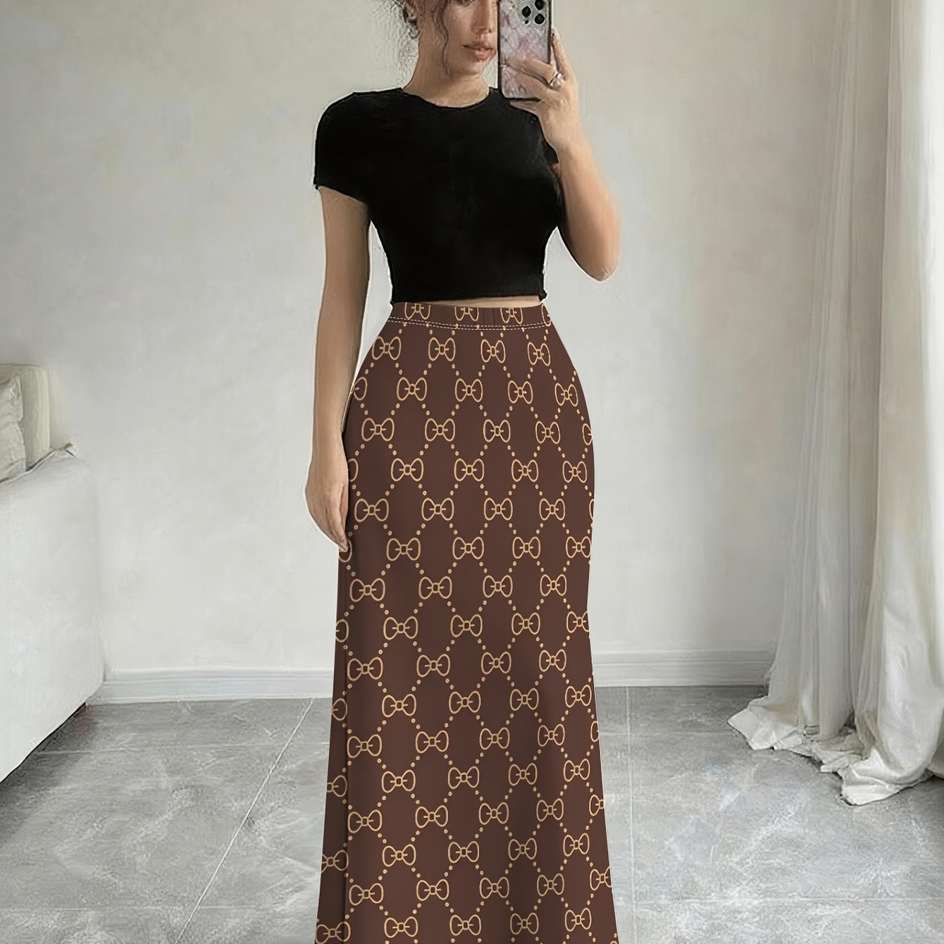 TEMU Women's A-line Midi Skirt With Fashionable Random Print, Elastic Waistband, And Lightweight Fabric, Suitable For Casual Occasions
