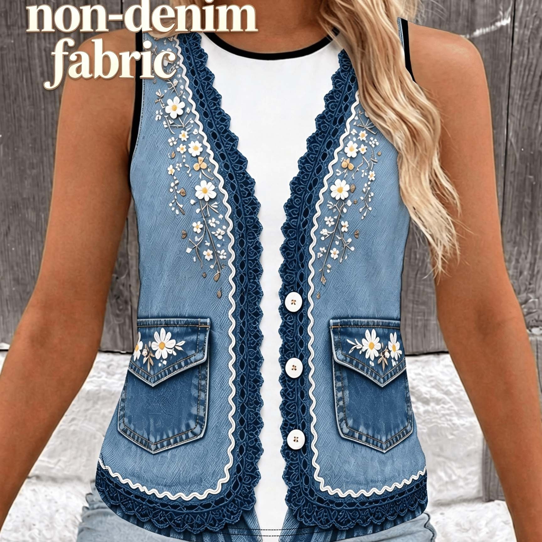 TEMU [printed Pants - Not Denim Fabric]2d Printed Not Textured Slim Fit Denim Pattern Fake Two-piece Vest Women's Vest