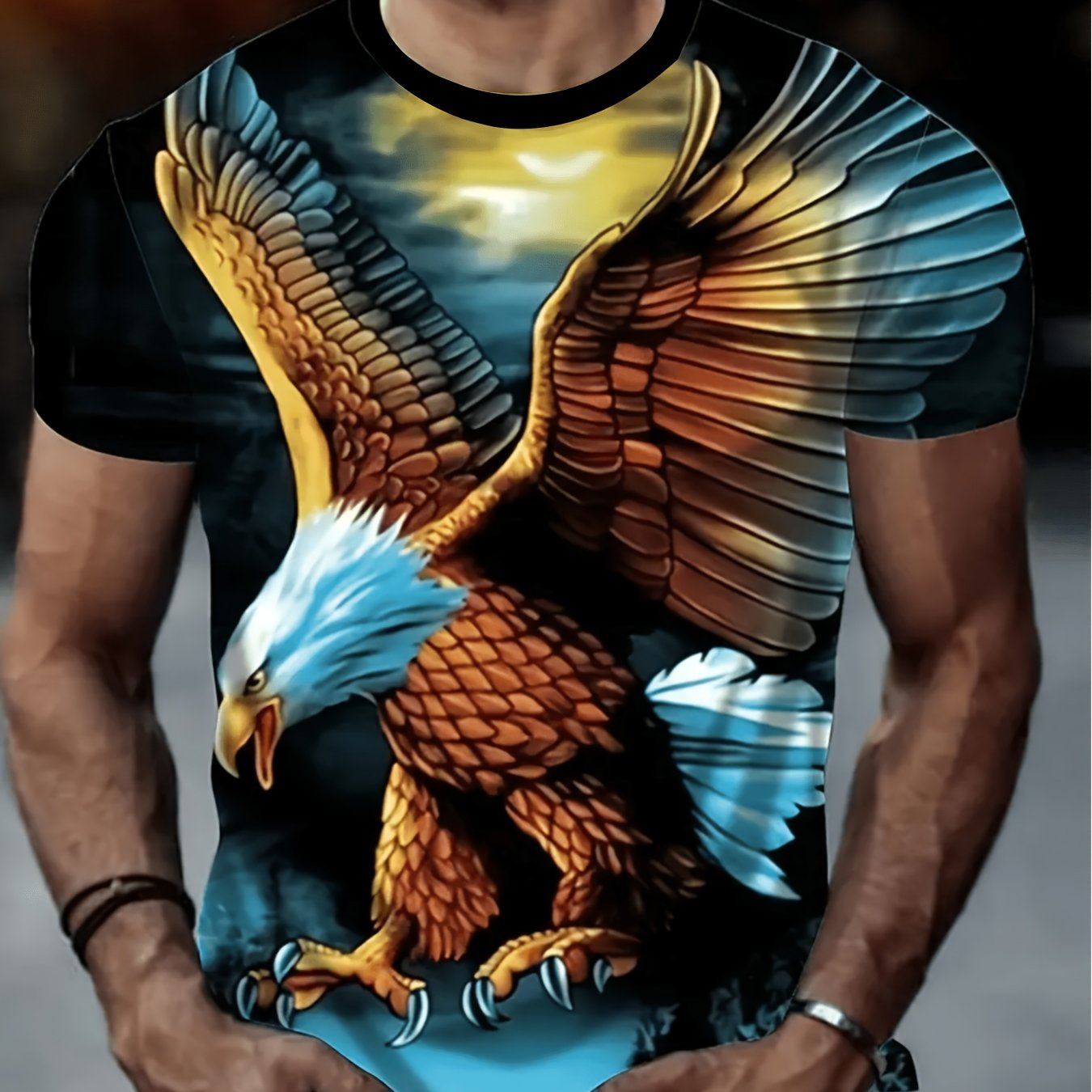 TEMU - Men's Trendy Eagle Graphic T-shirt, Comfortable And Casual Sportswear With Stretch For Outdoor Activities