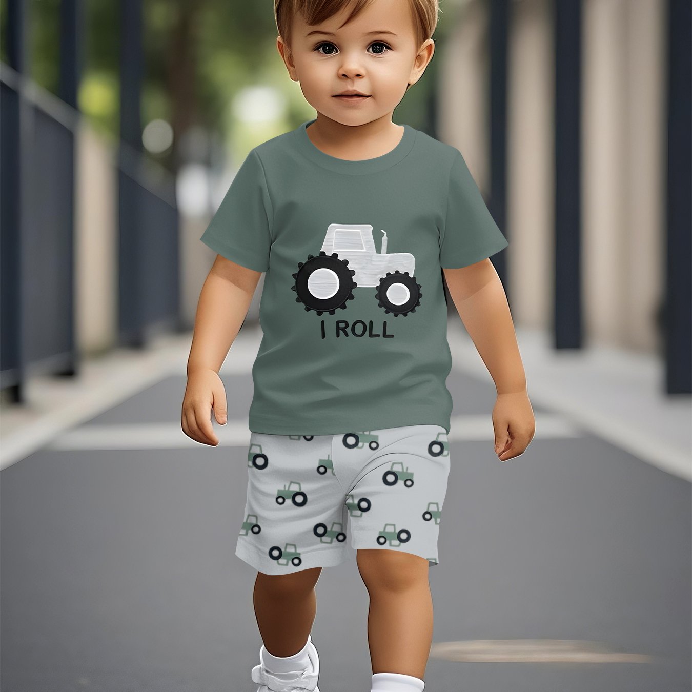 Image of Gray- Boy Short-sleeved Crewneck T-shirt And Shorts Set, 100% Polyester, 3d Digital Printing, Trendy Cool Boy's Set, Baby Clothing, And Toddler Set, Outdoor Style, Perfect For Outdoor
