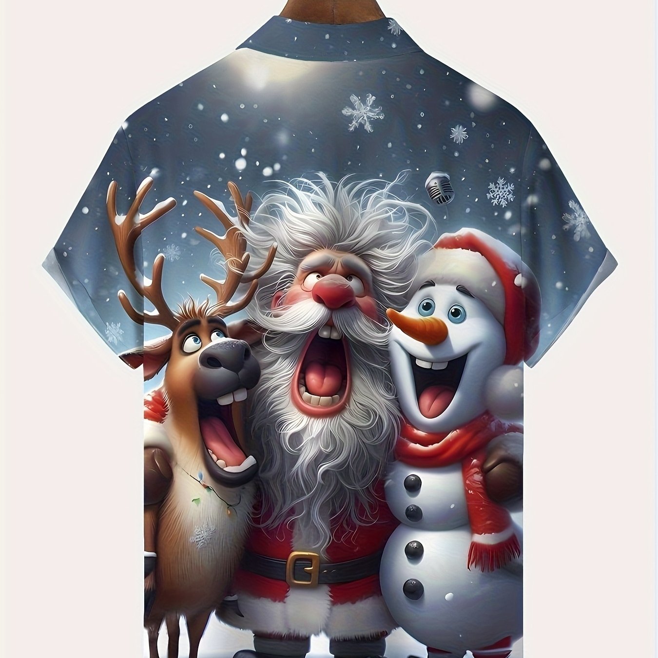 TEMU Men's Christmas Snowman And Reindeer Print Short Sleeve Shirt - Vintage Style Button- Collar With Pocket, Non-stretch Fabric, Regular Fit,