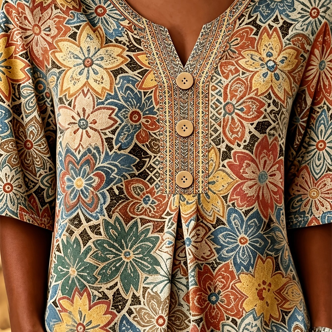 TEMU Bohemian Vintage Floral Print Top Women's V-neck Button-up Casual Vacation Shirt