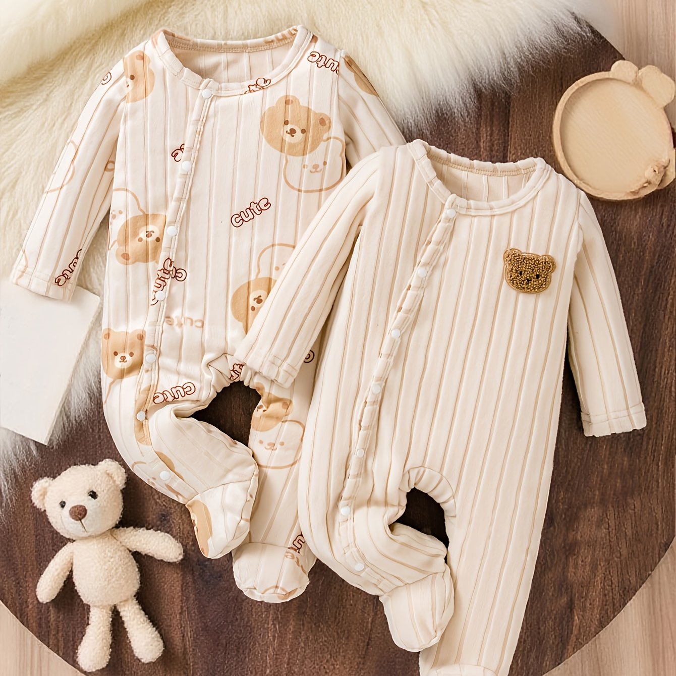 Image of 2-piece Set, New Autumn/winter Collection For Boys And Girls, Cute Bear Print And Solid Color Ribbed Crew Neck Footed Romper, Casual And Fashionable Outfit, Perfect For Outdoor