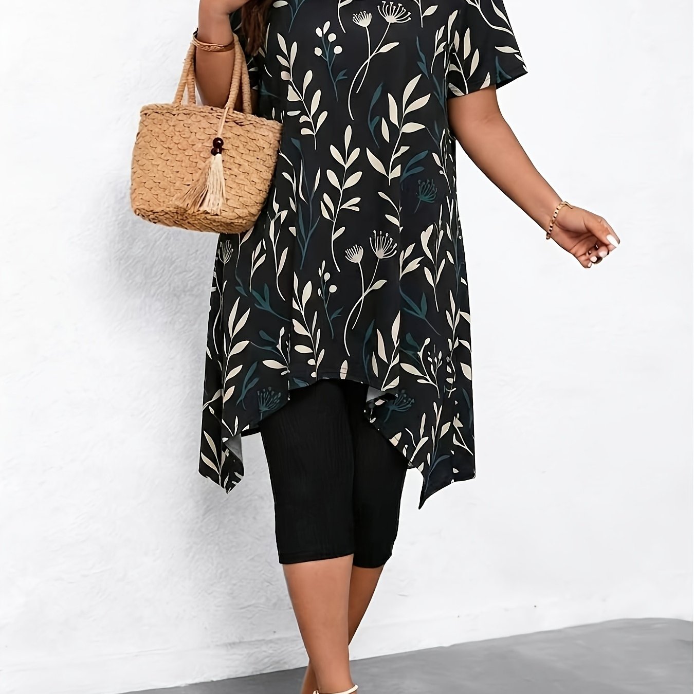 TEMU Plus Size, Women Summer Neck Black Plant Print Short Sleeve Tshirt Loose Fit Irregular Hem Casual Top