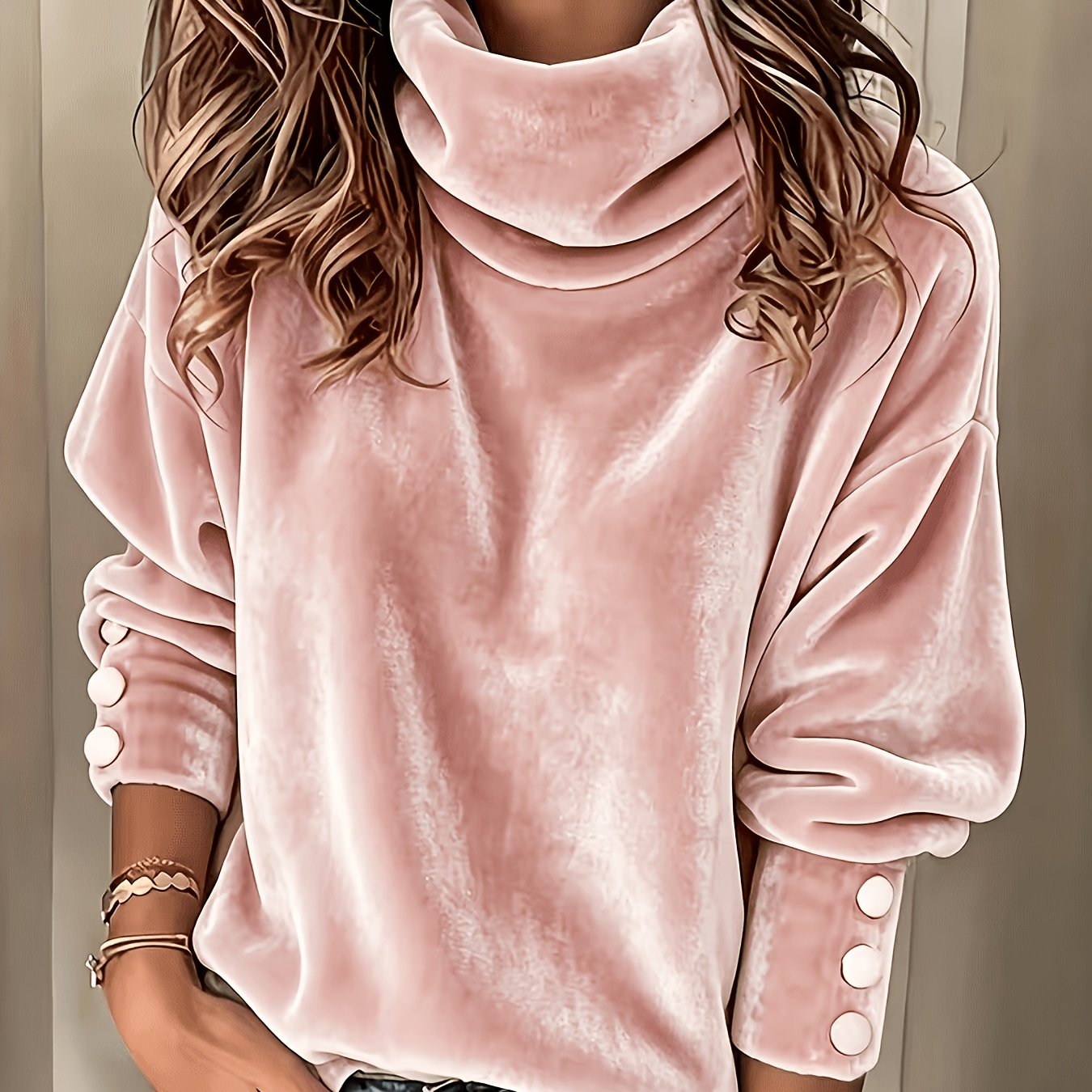 TEMU Women's Velvet Top, Autumn Winter High Neck Button-up Solid Color Long Sleeve Shirt T-shirt