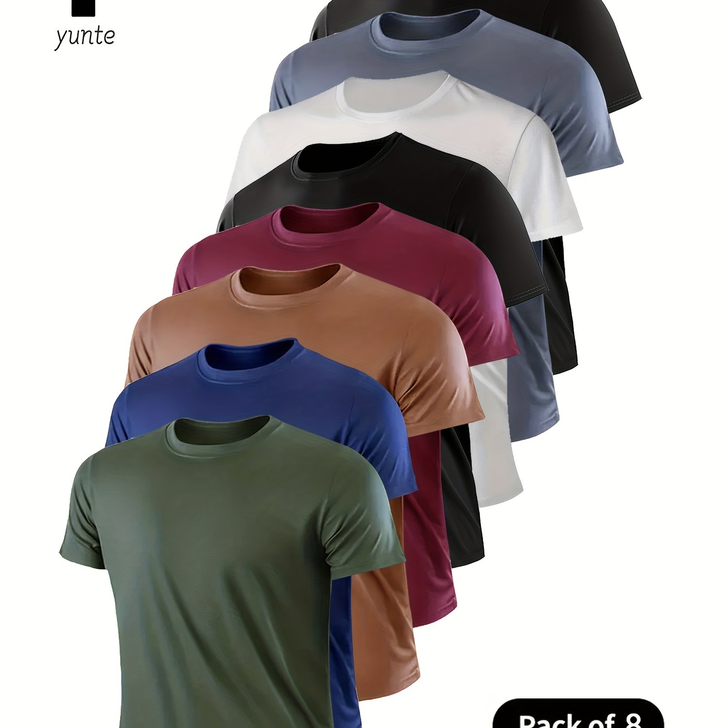 TEMU Lot de 8 T-shirts Ultra-Légers pour Homme à Col Rond - Vert Armée, Bleu Marine, , , Noir, Blanc, et Mélange Noir - T-shirt à Séchage Rapide,
