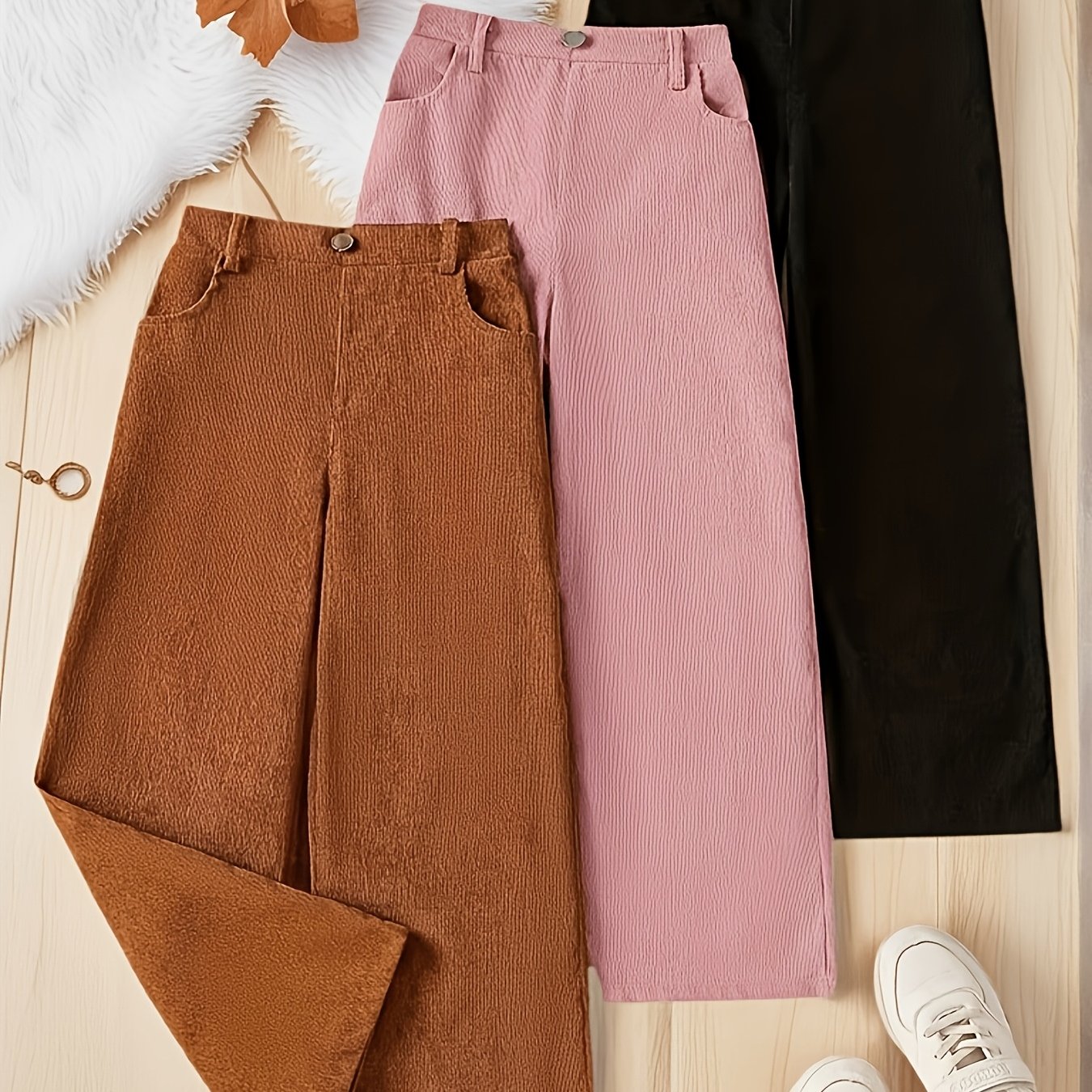 TEMU Pantalon large à jambes larges en velours pour fille, 3 pièces - Pantalon décontracté à taille haute élastique avec poches - Convient pour , et