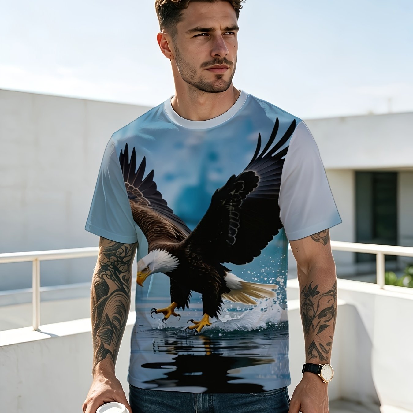 TEMU [printed Design - Not Textured] Men's Fashion T-shirt Men's Printed Eagle Element Casual Sports Top, Polyester Fabric, Regular Fit, Fashionable