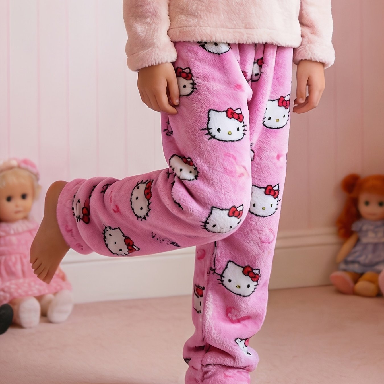 Image of Hello Kitty Girls' Flannel Pajama Pants With Red Bow Pattern, Comfortable Loose Fit, Fashionable Warm Long Pants For Autumn And Winter, Perfect Christmas Gift, New Year Gift