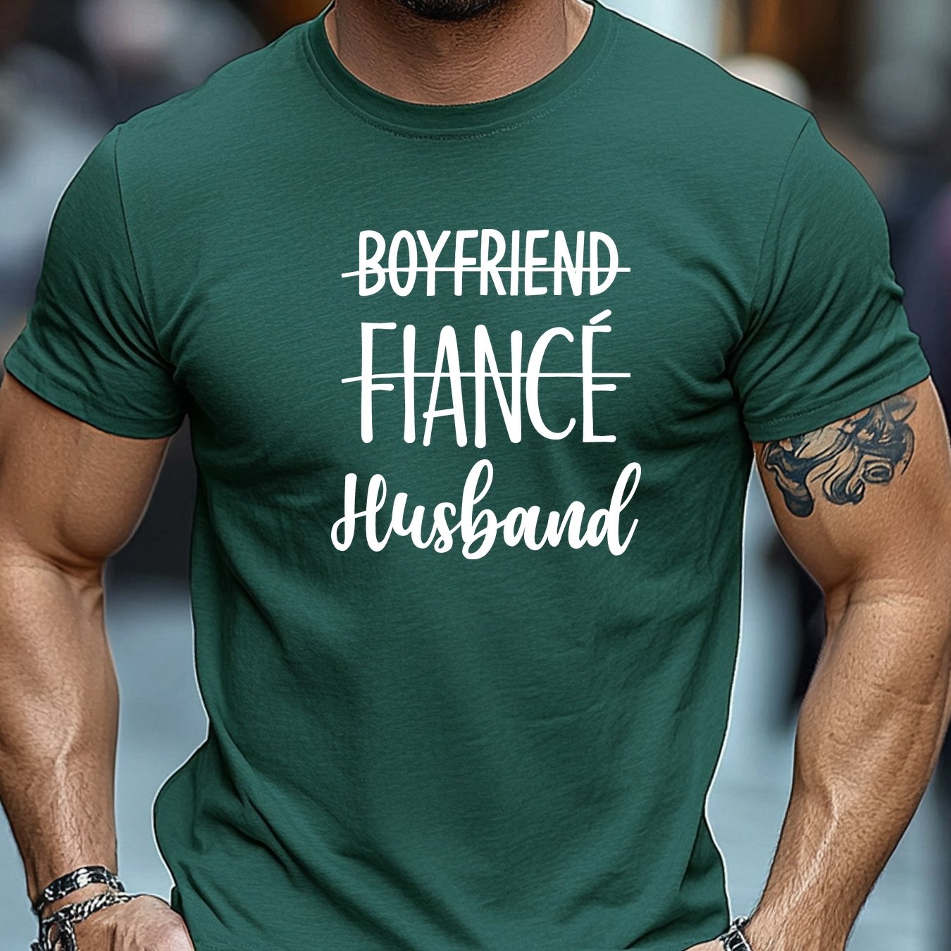 TEMU Men's Boyfriend Husband Printed T-shirt - Navy Blue Casual Short Sleeve Crew Neck Summer Top With White Cursive Letters - Couples Gift, Casual