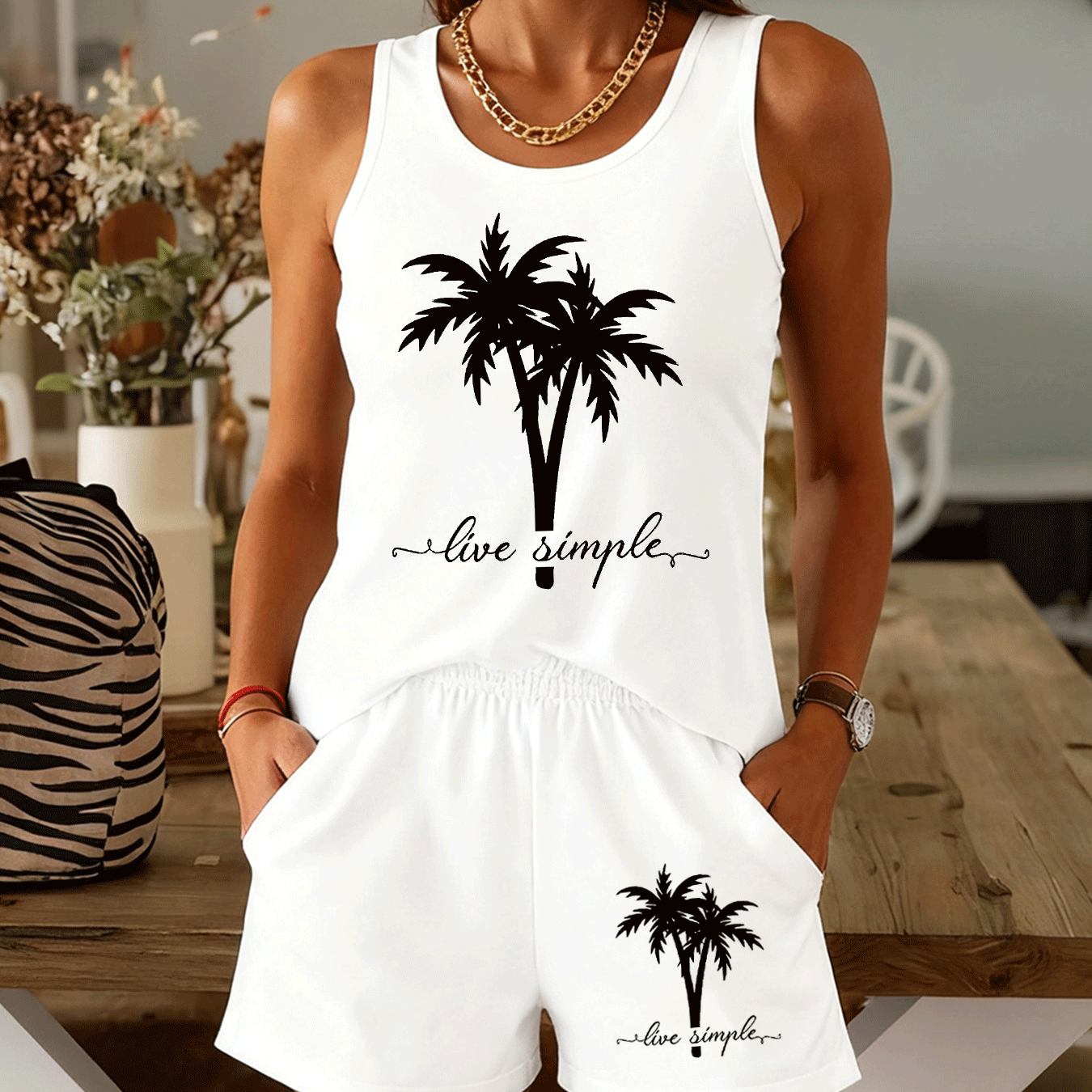TEMU Summer Coconut Tree Slogan For Women, Multicolor Live Easy Vest, Shorts, Casual Two-piece Set, Comfortable Women's Fashion Clothing - Soft And