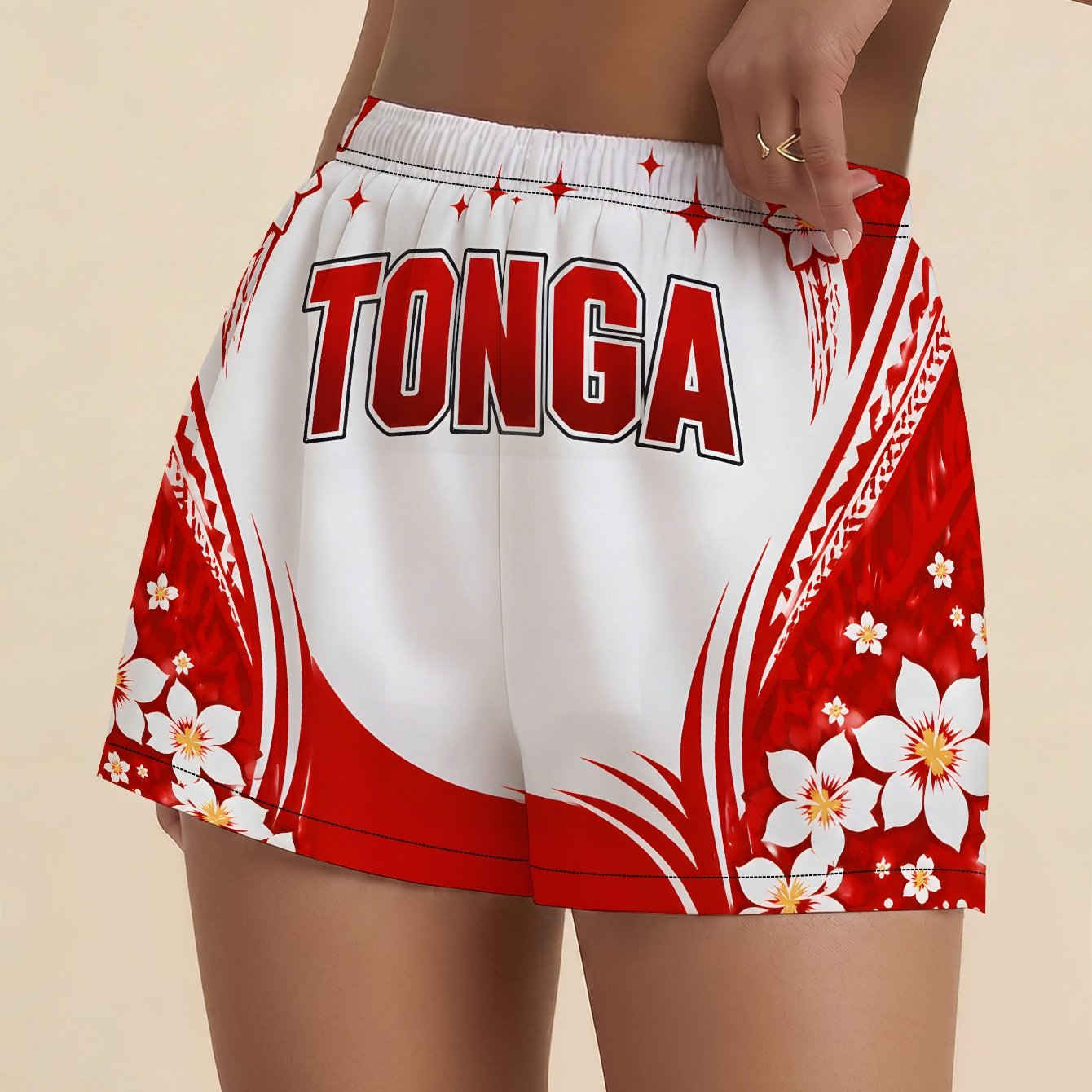 TEMU Flowers Tonga Floral Waves Women's Summer Beach Shorts, Casual Print For Daily Wear & Vacation